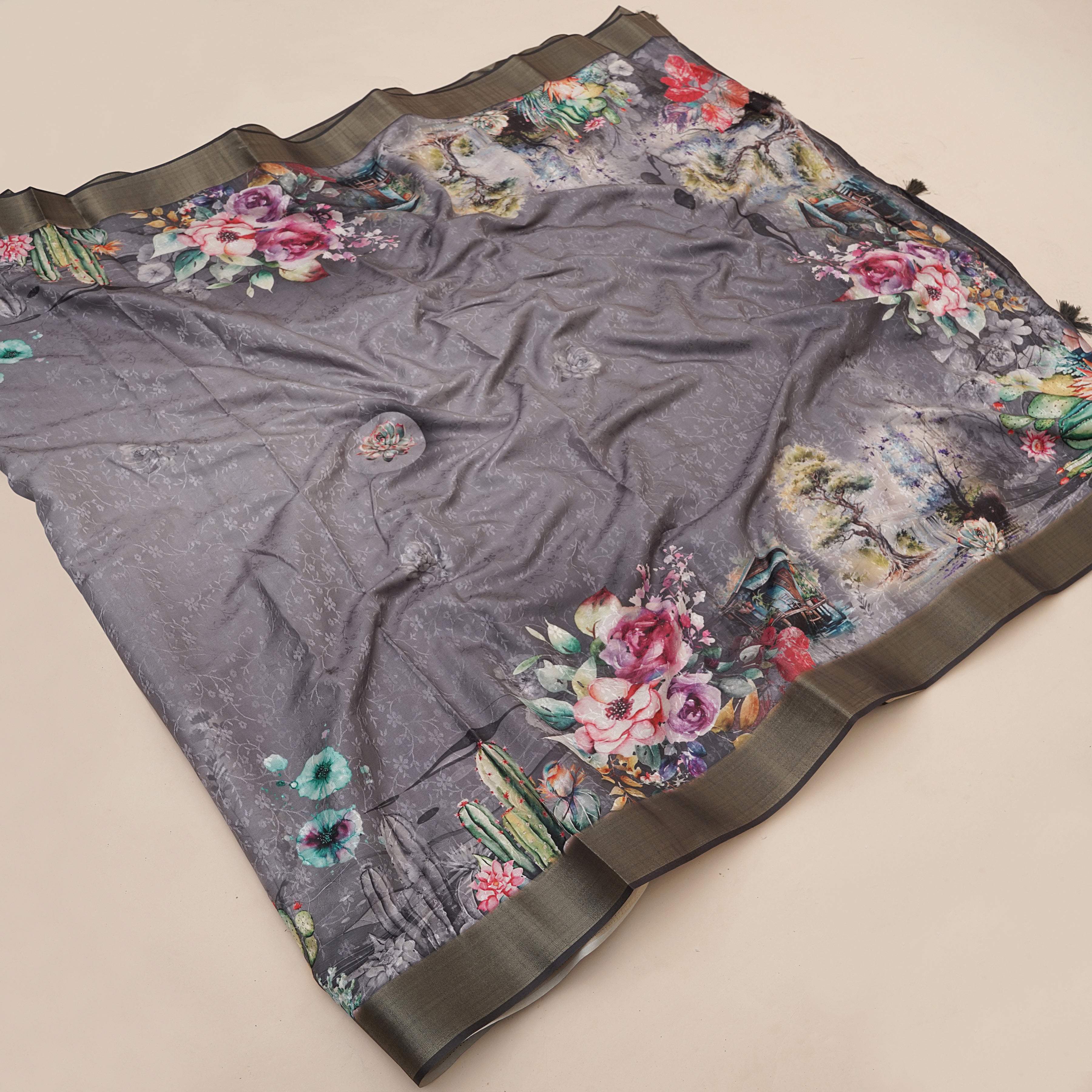 Grey Floral Digital Printed Self Jacquard Saree