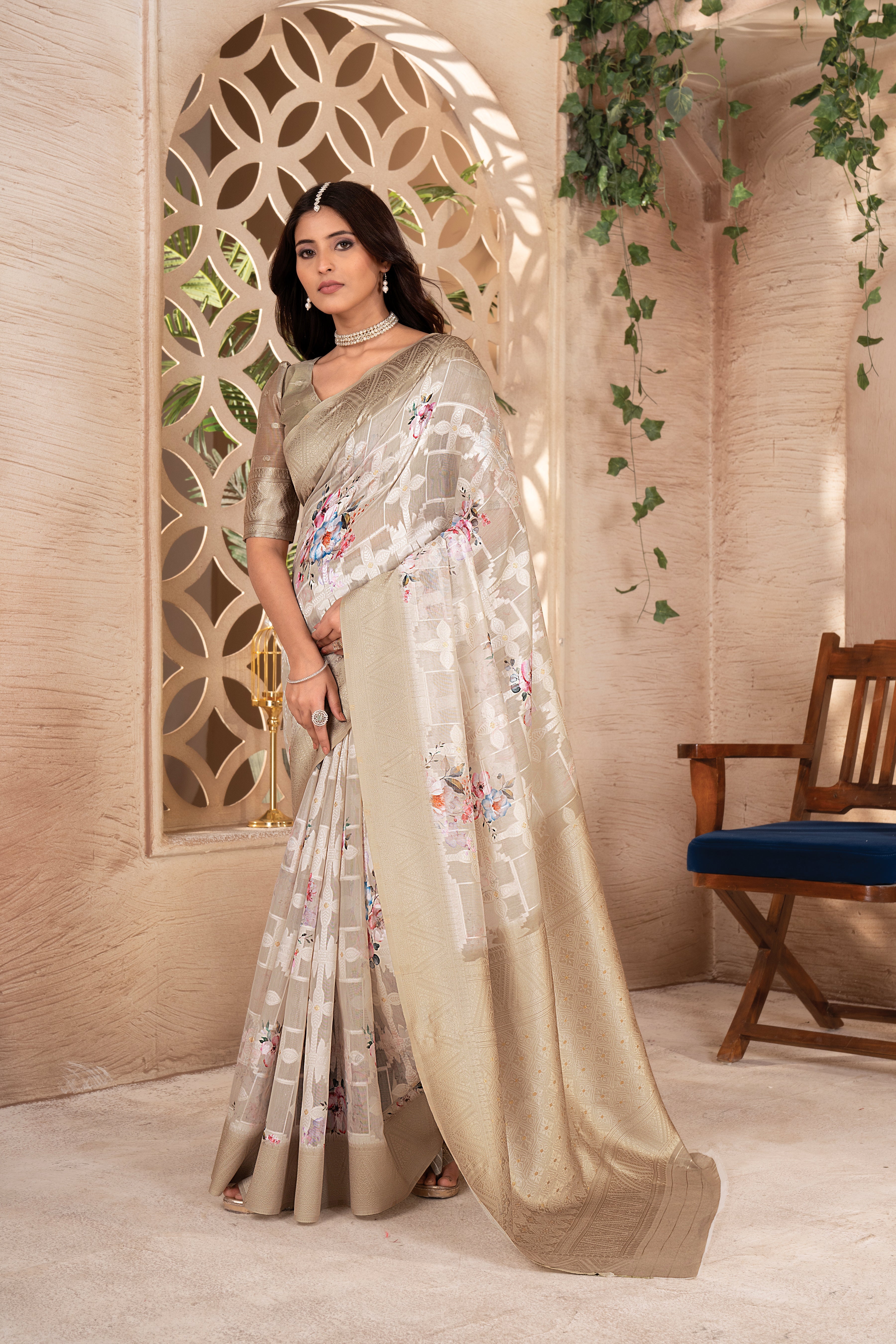 Lakhnavi Cream Cotton Digital Floral Printed Saree