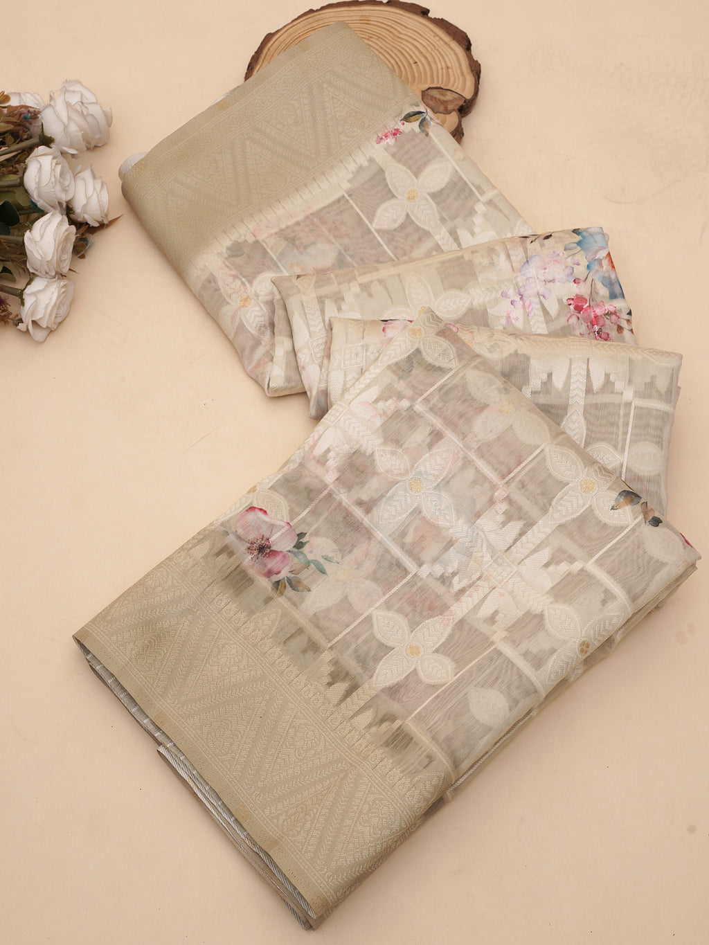 Lakhnavi Cream Cotton Digital Floral Printed Saree