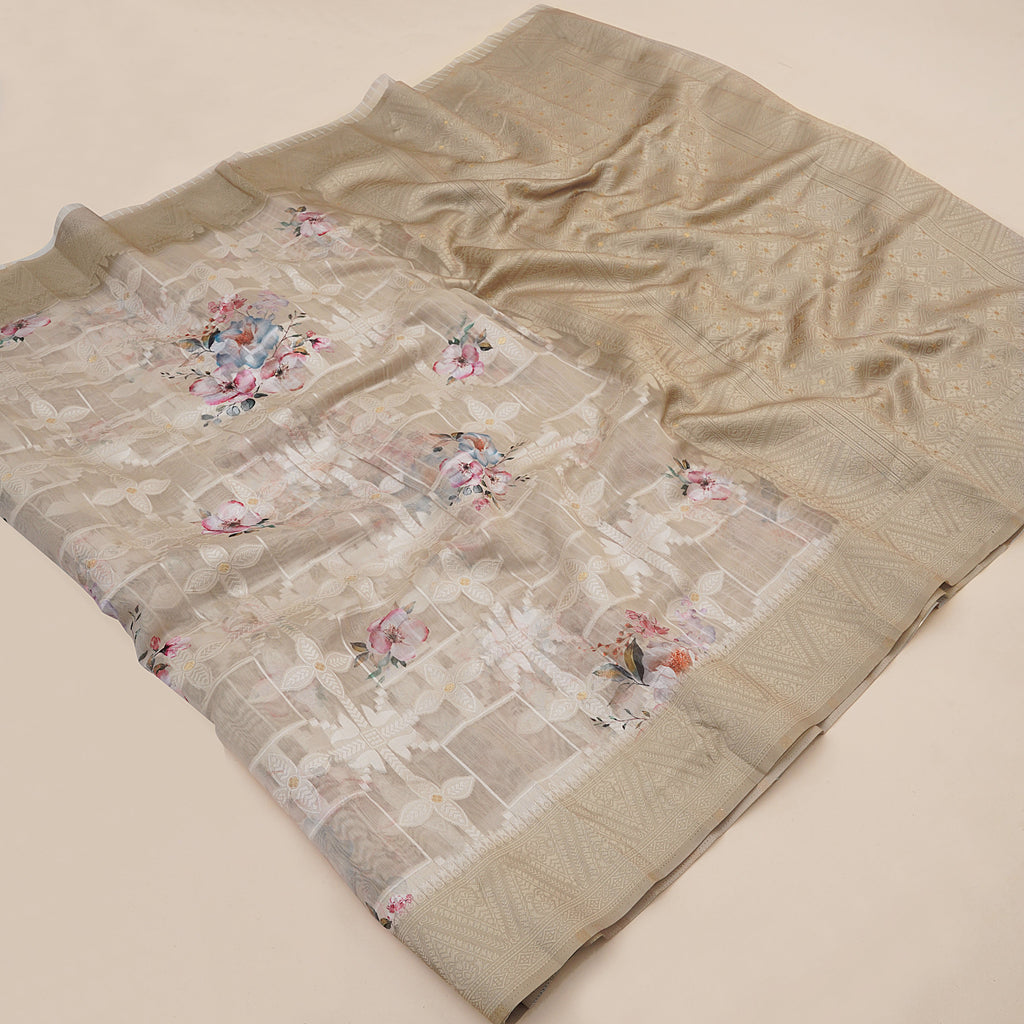 Lakhnavi Cream Cotton Digital Floral Printed Saree