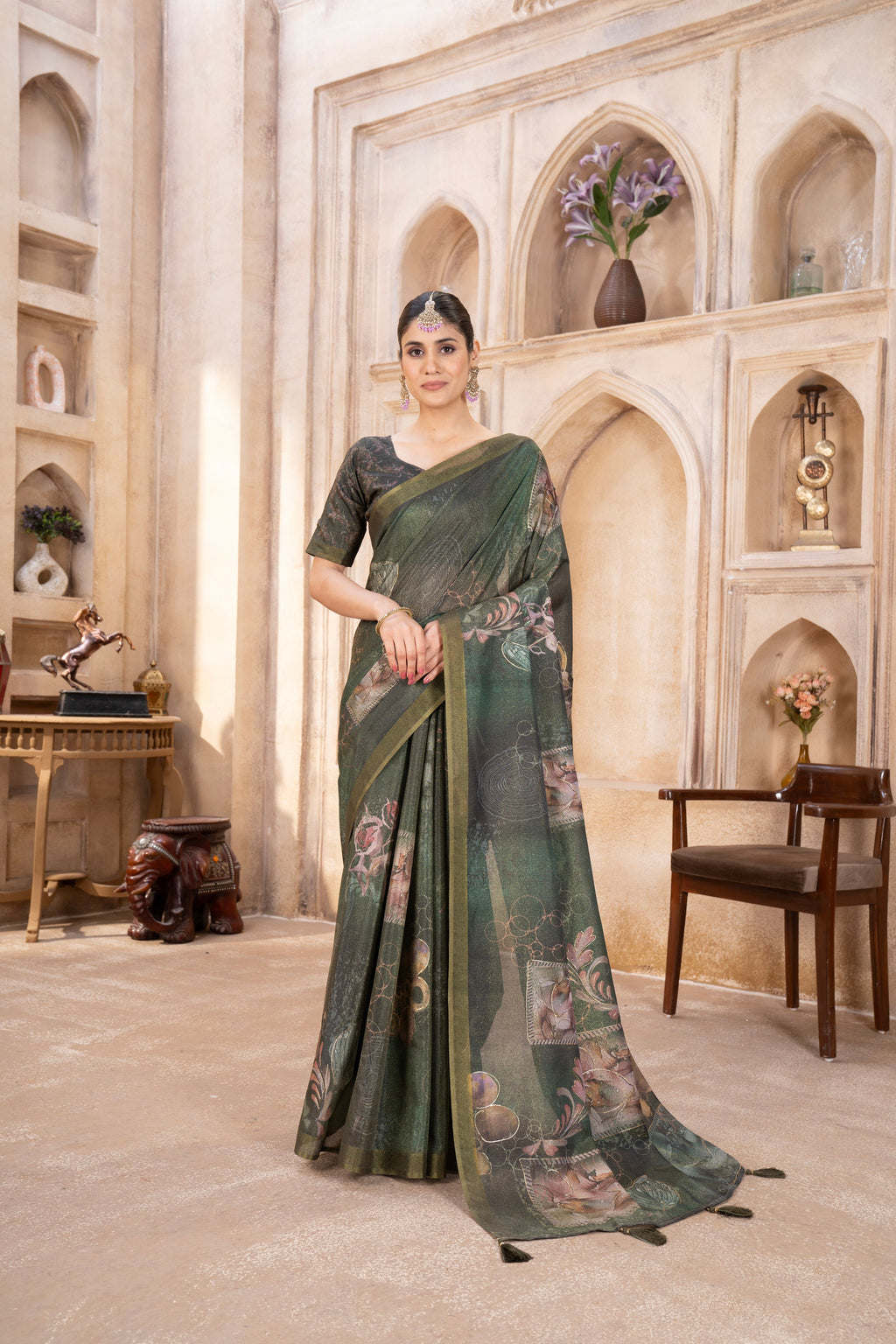Olive Green Sparkle Silk Figure Zari Print