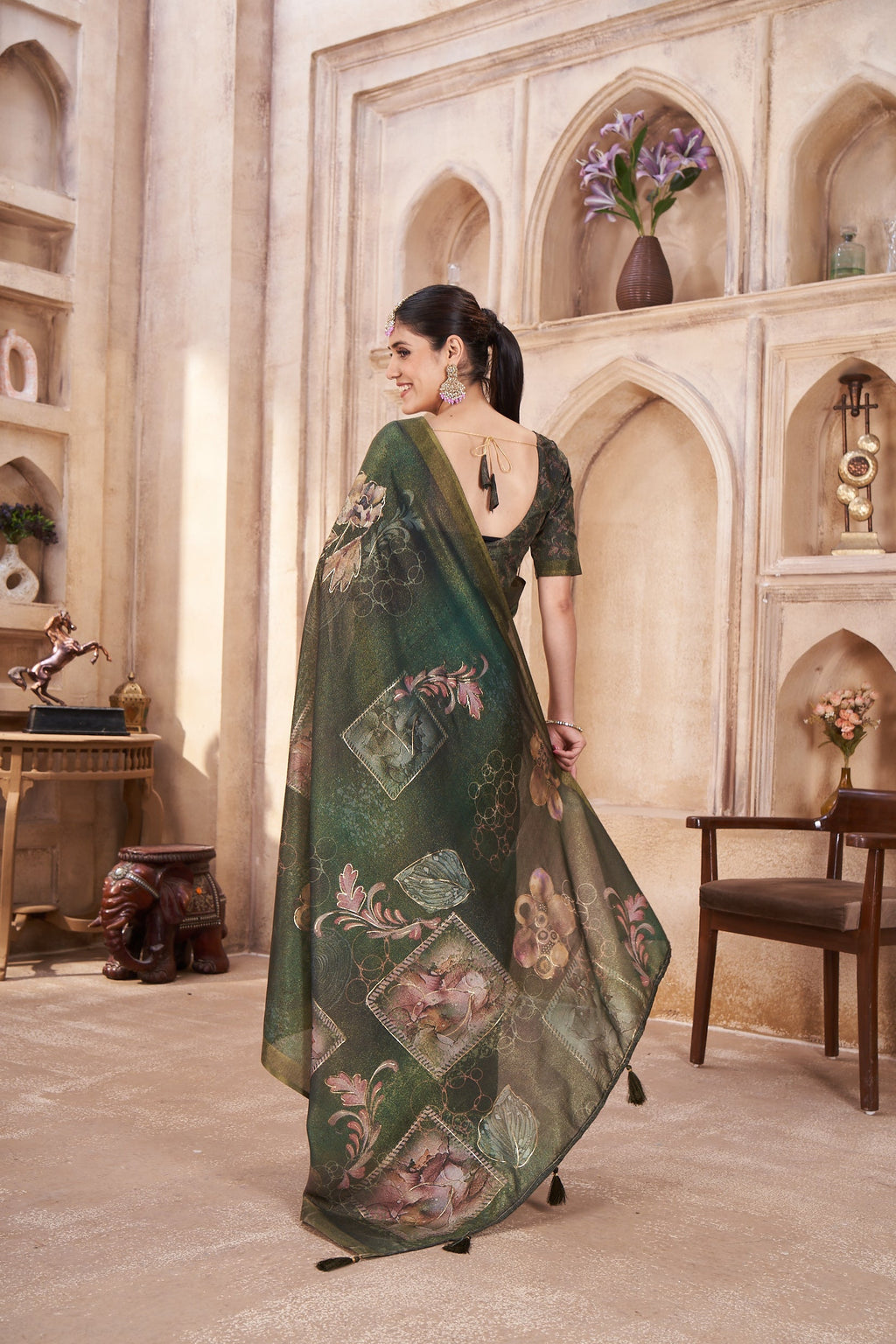 Olive Green Sparkle Silk Figure Zari Print