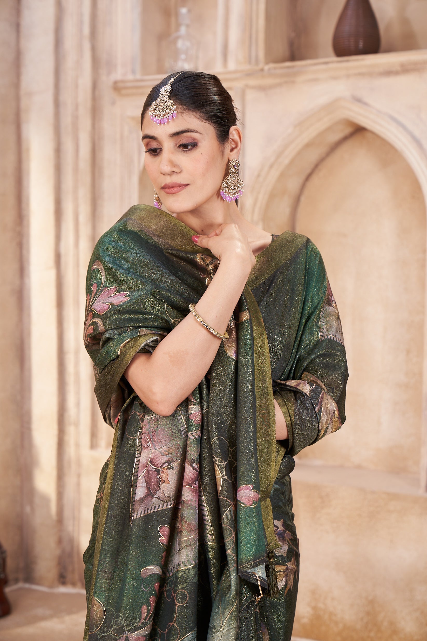 Olive Green Sparkle Silk Figure Zari Print