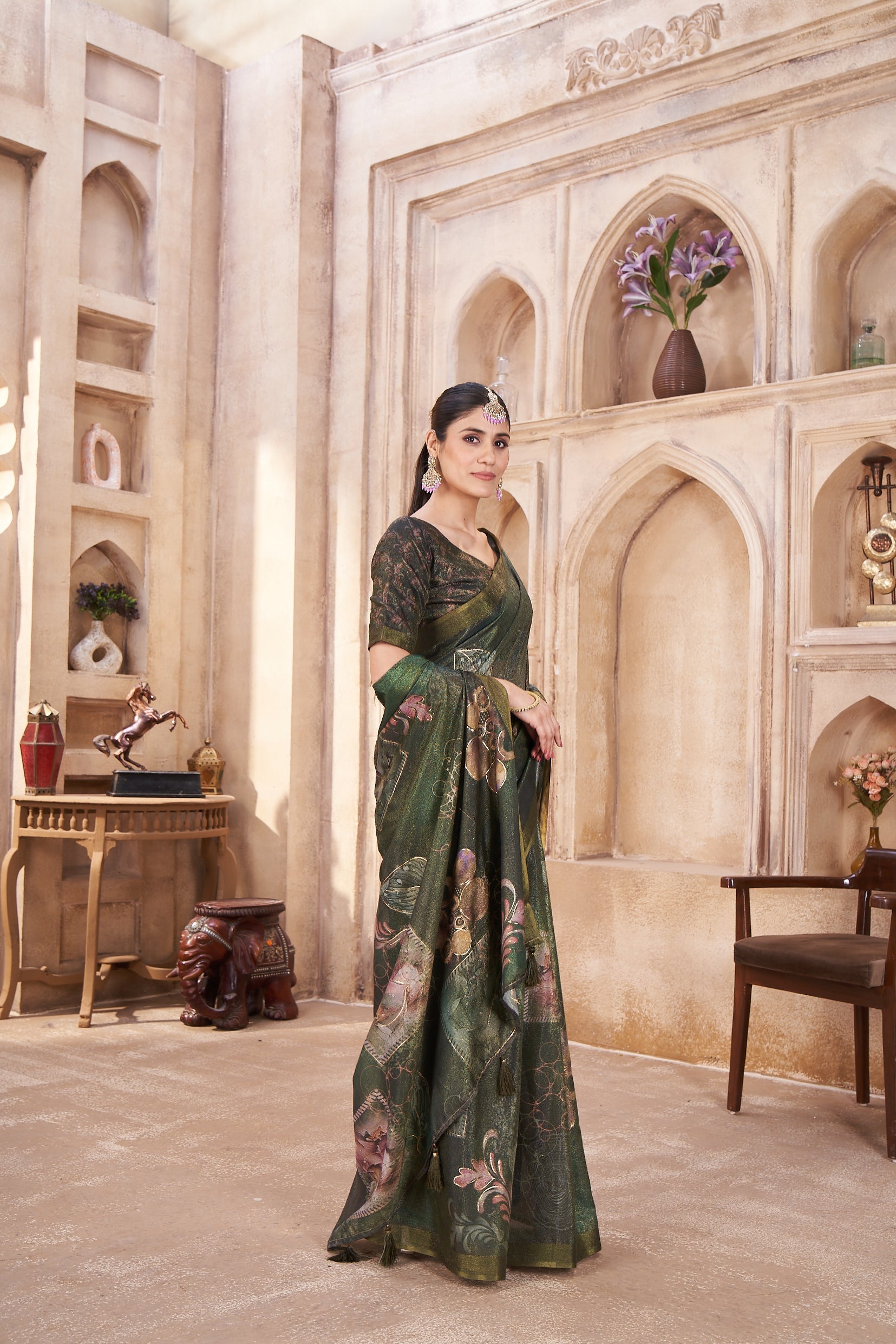 Olive Green Sparkle Silk Figure Zari Print