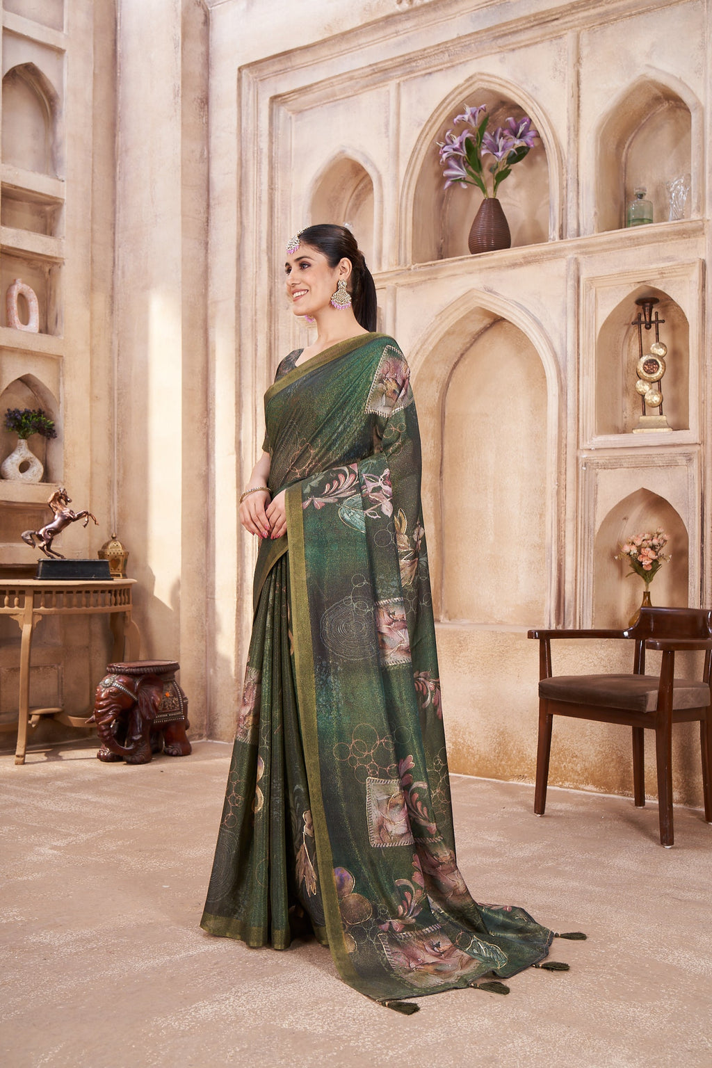 Olive Green Sparkle Silk Figure Zari Print