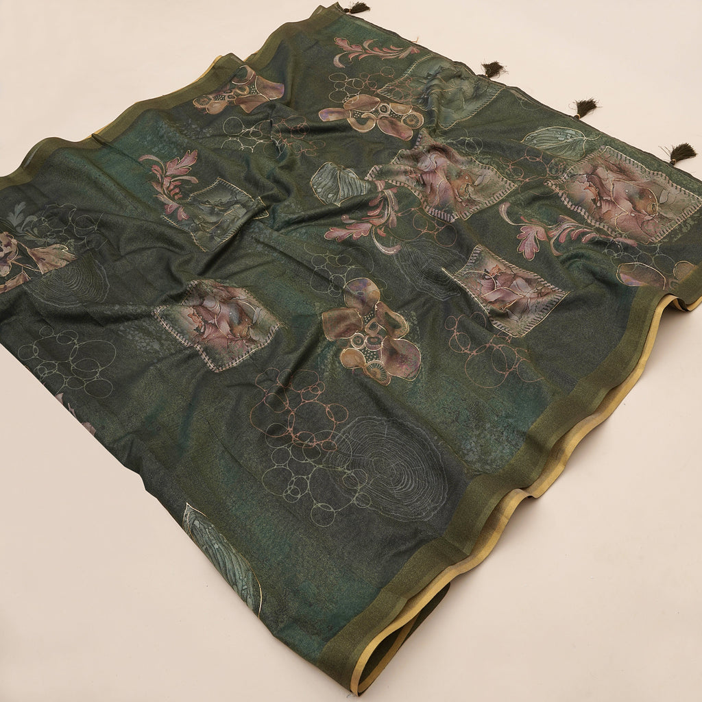 Olive Green Sparkle Silk Figure Zari Print