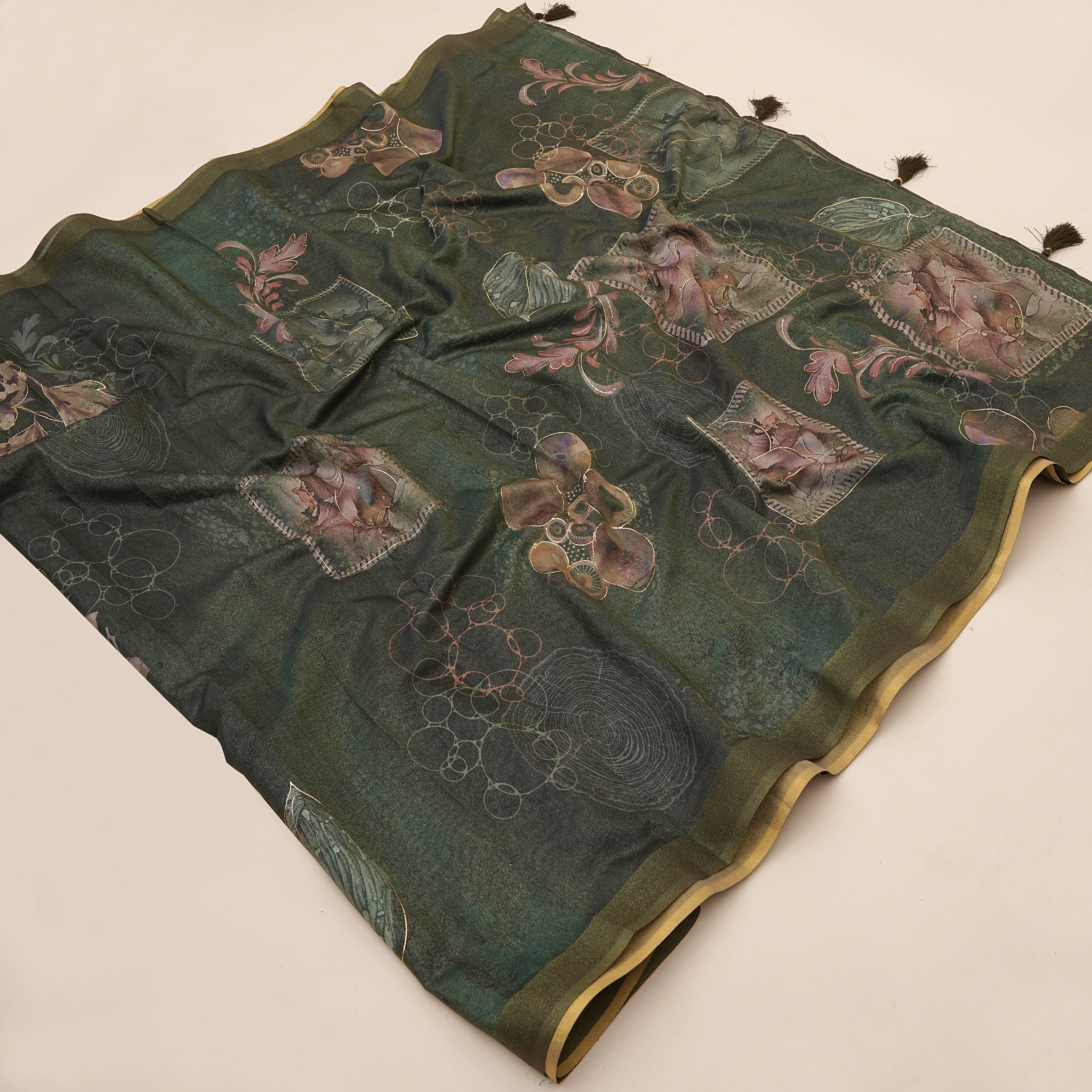 Olive Green Sparkle Silk Figure Zari Print