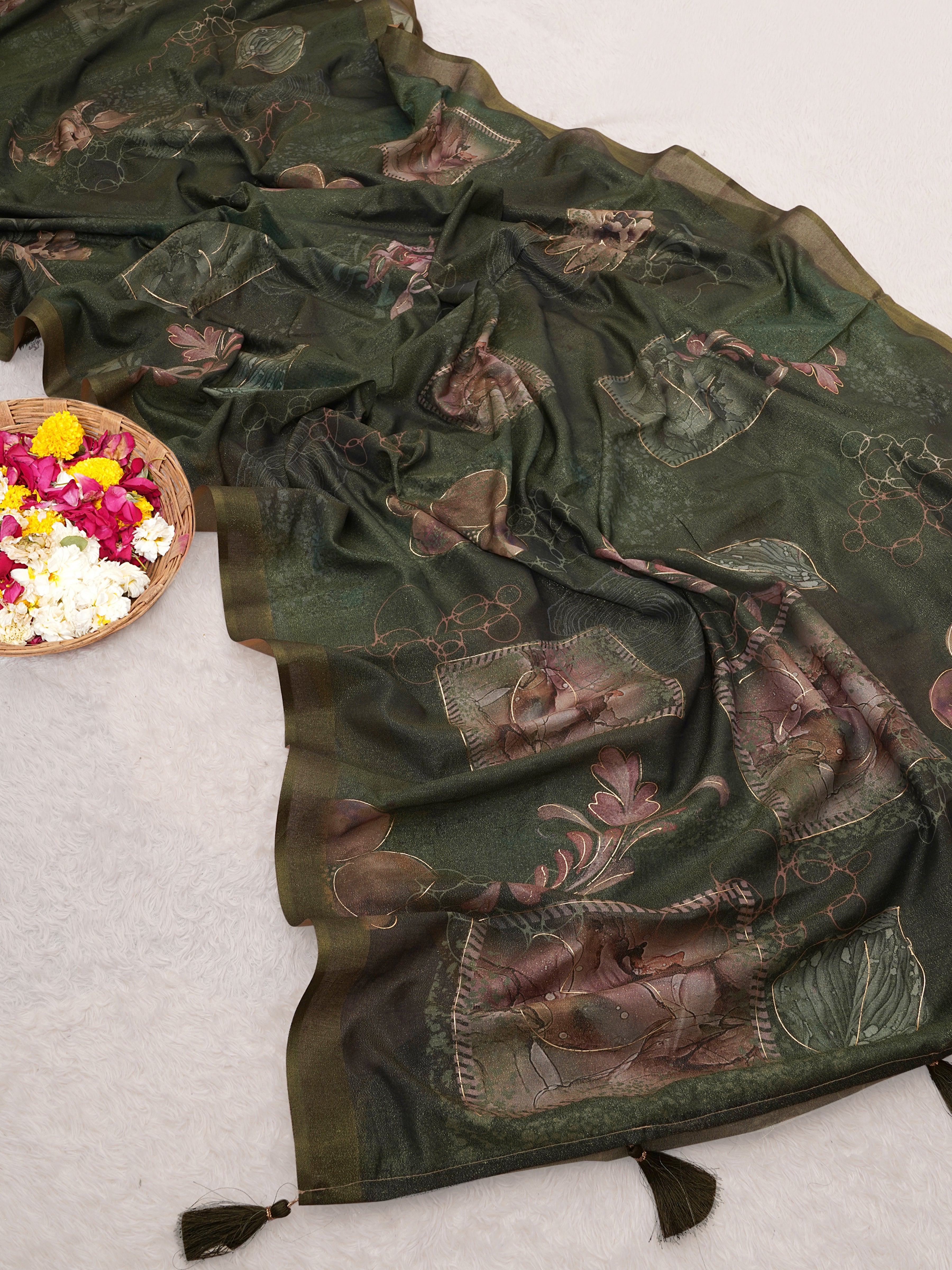 Olive Green Sparkle Silk Figure Zari Print