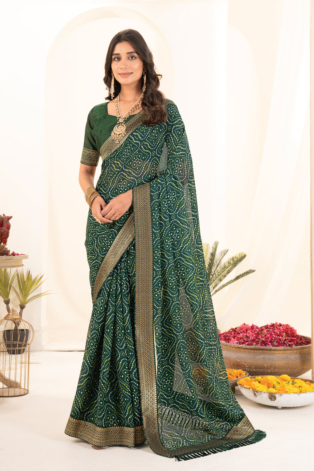 Green Printed Rajasthani Bhandhani Georgette Saree