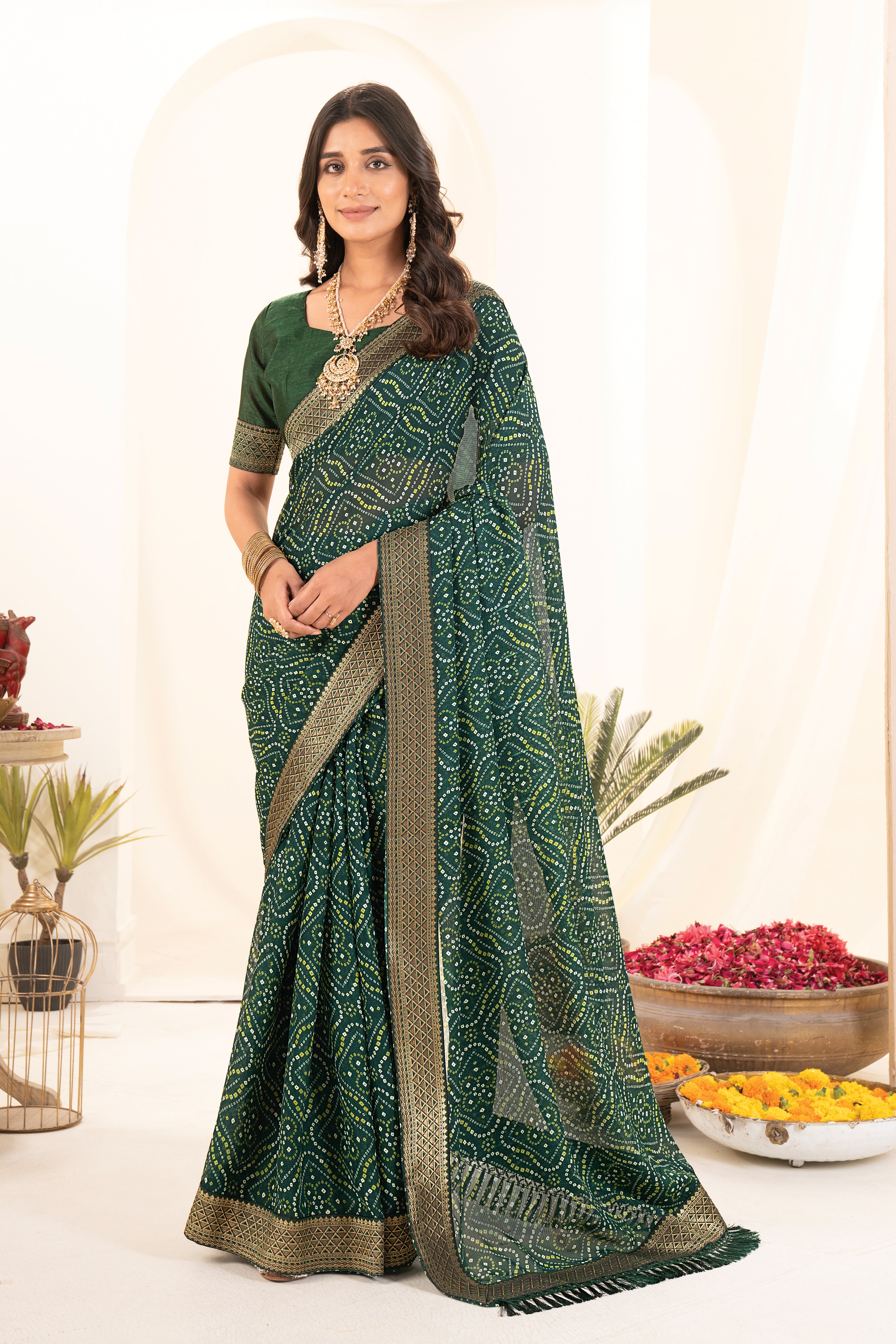 Green Printed Rajasthani Bhandhani Georgette Saree