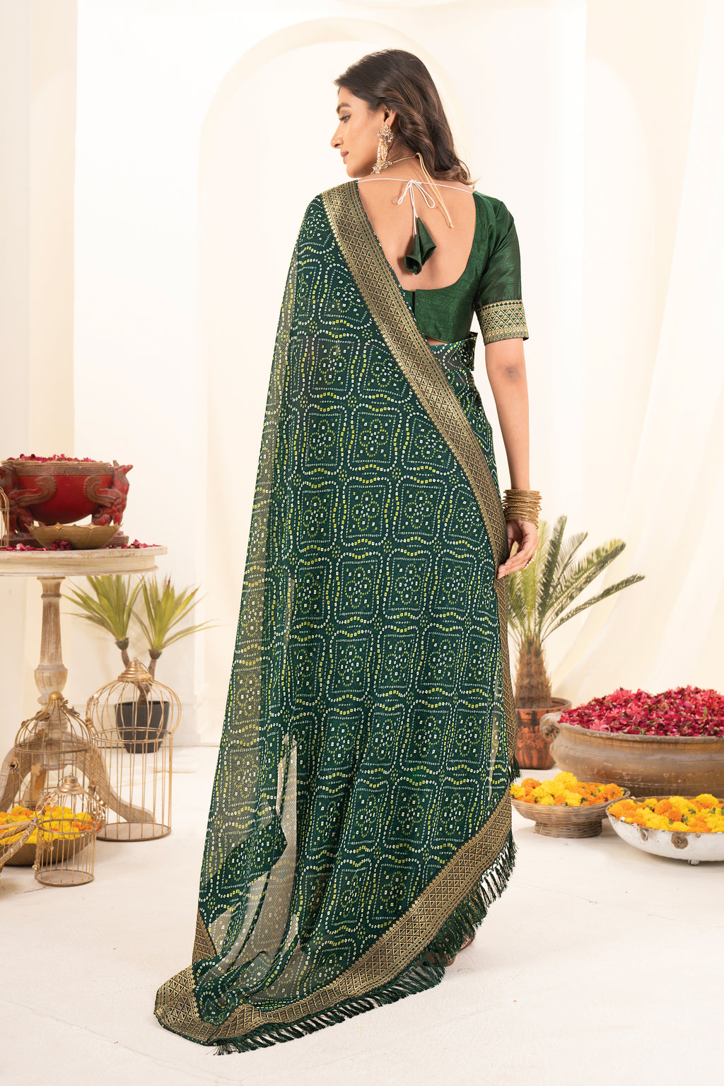 Green Printed Rajasthani Bhandhani Georgette Saree