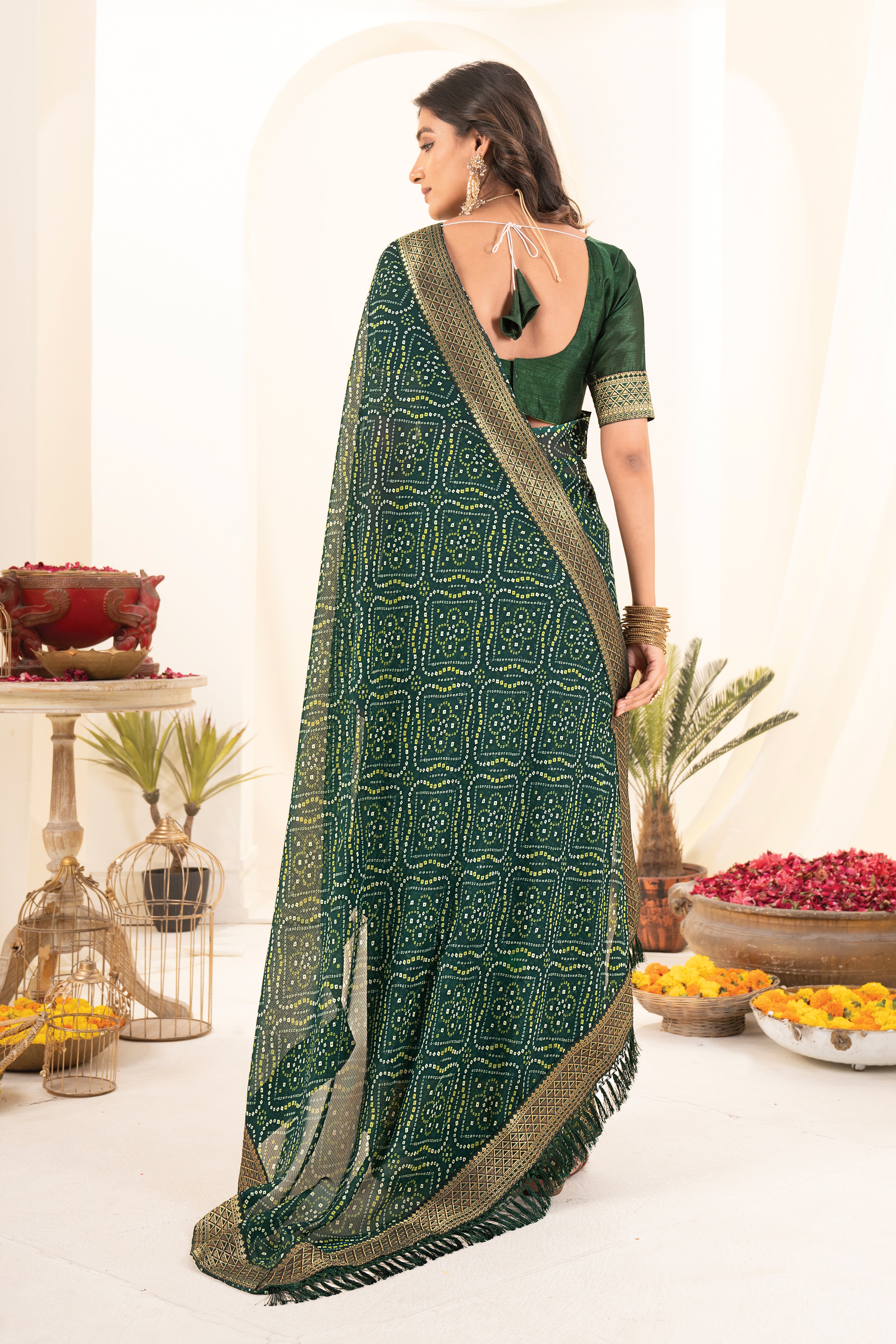 Green Printed Rajasthani Bhandhani Georgette Saree