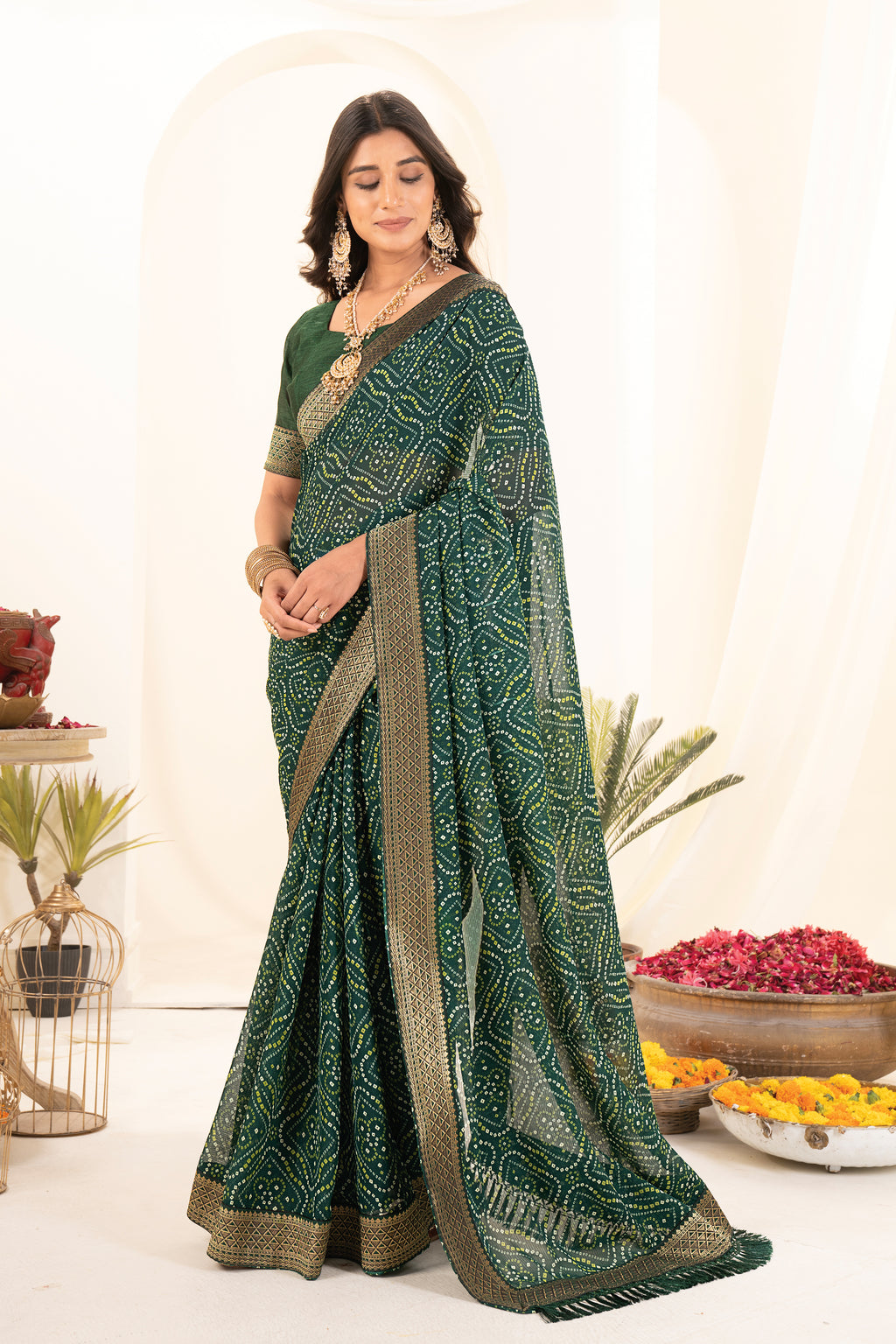 Green Printed Rajasthani Bhandhani Georgette Saree