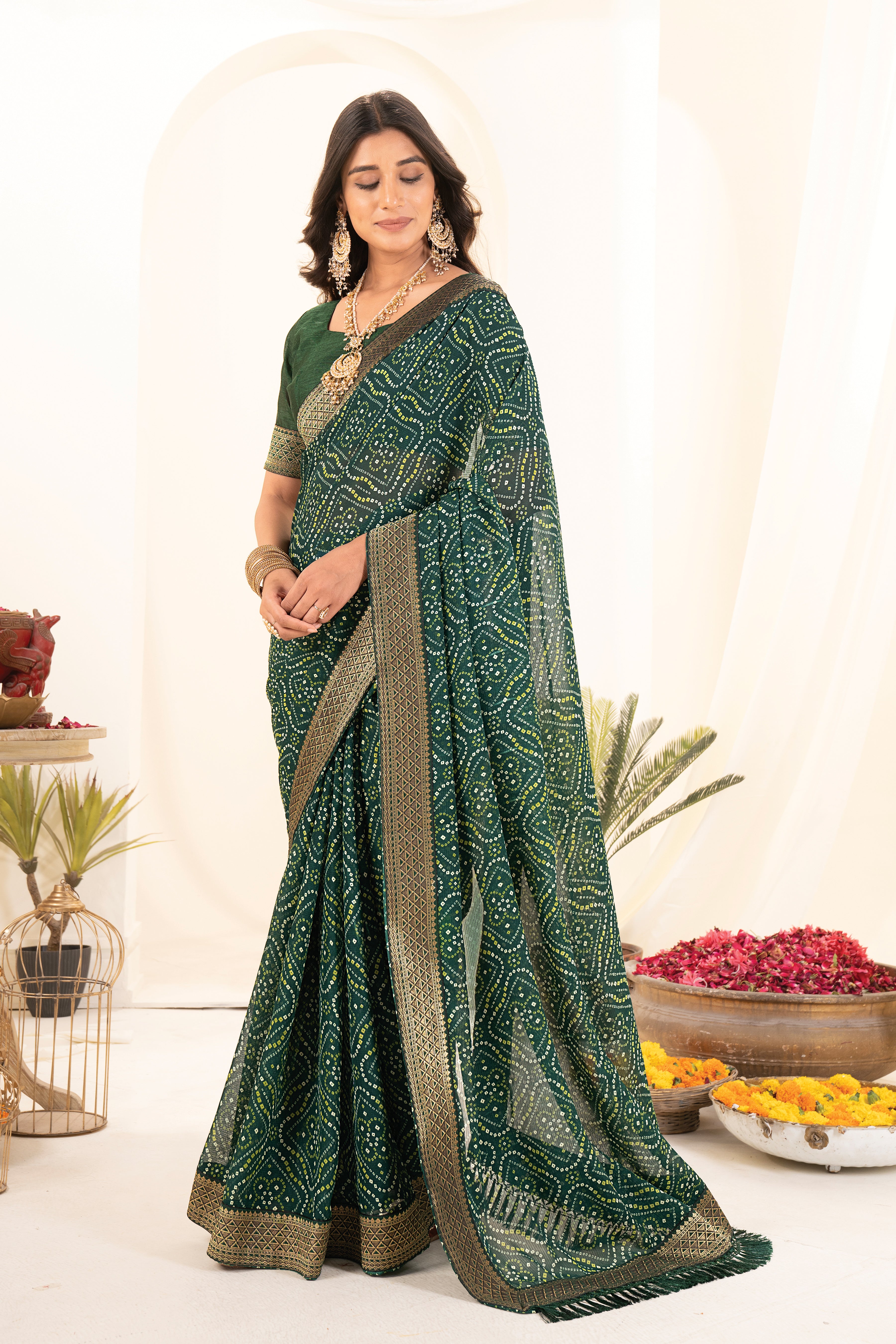 Green Printed Rajasthani Bhandhani Georgette Saree