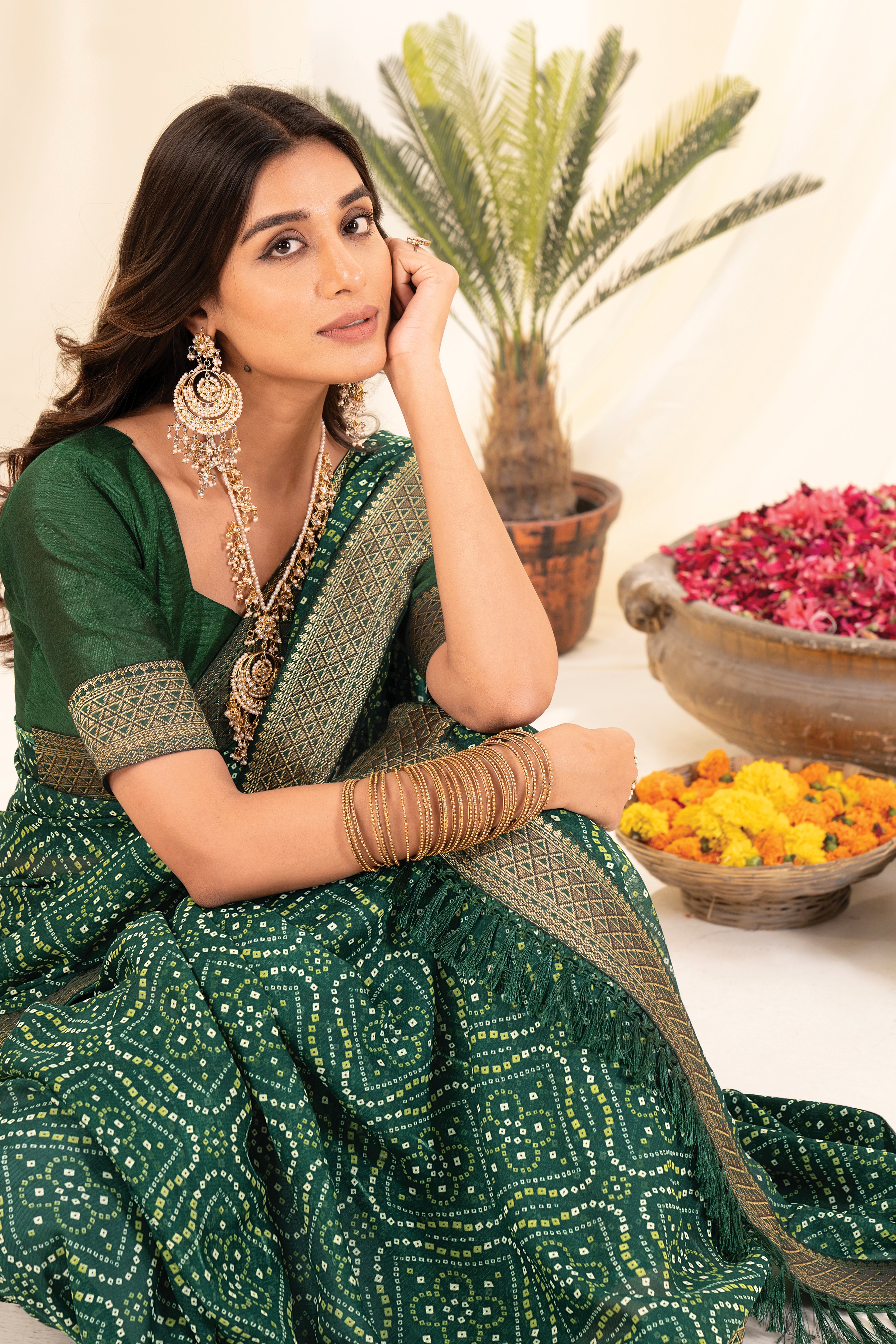 Green Printed Rajasthani Bhandhani Georgette Saree