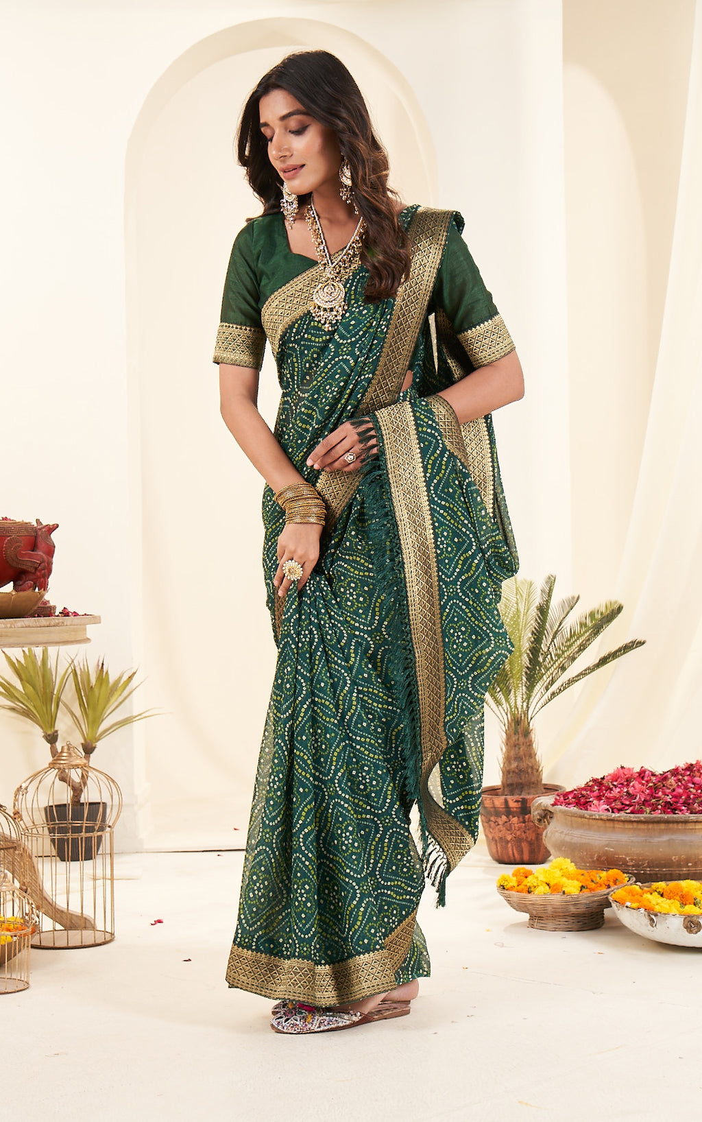 Green Printed Rajasthani Bhandhani Georgette Saree