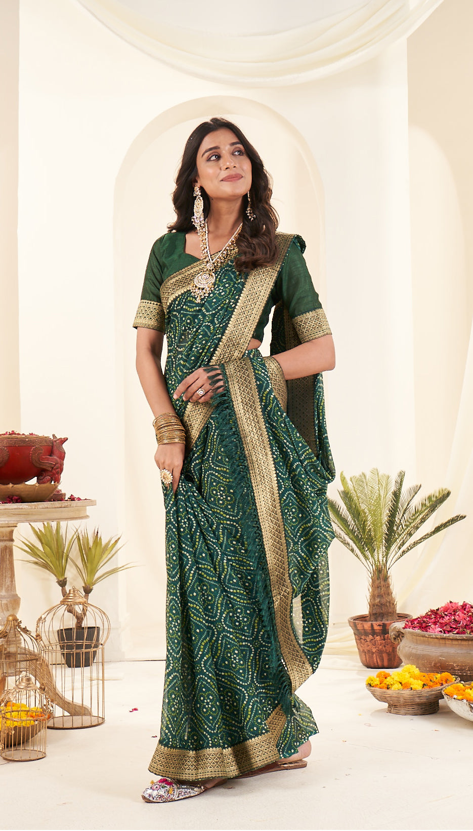 Green Printed Rajasthani Bhandhani Georgette Saree