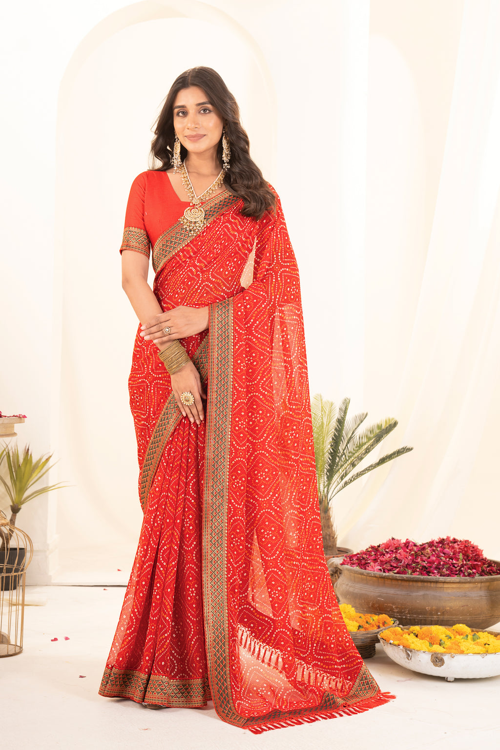 Premium Red Printed Bhandhani Georgette Saree