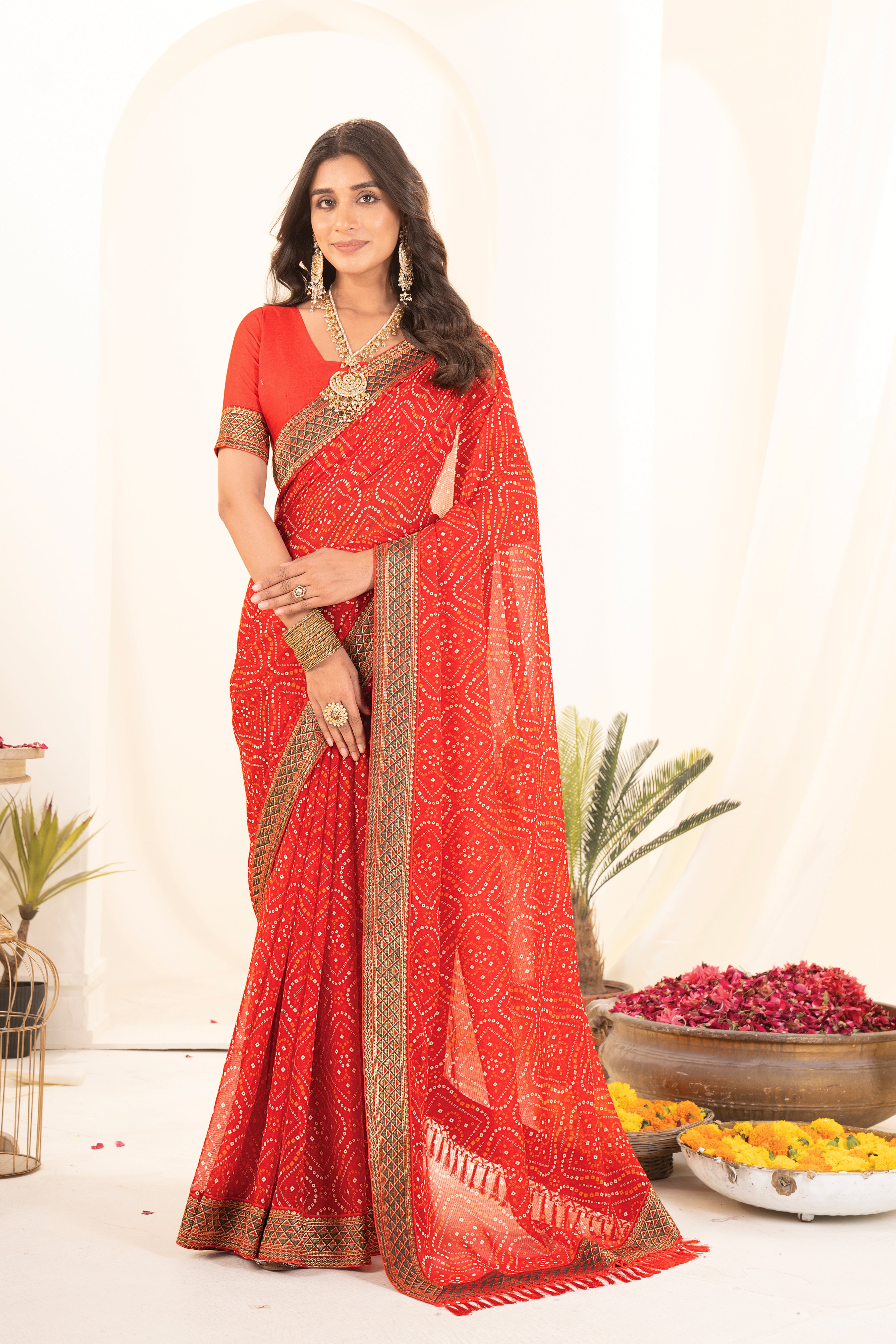 Premium Red Printed Bhandhani Georgette Saree