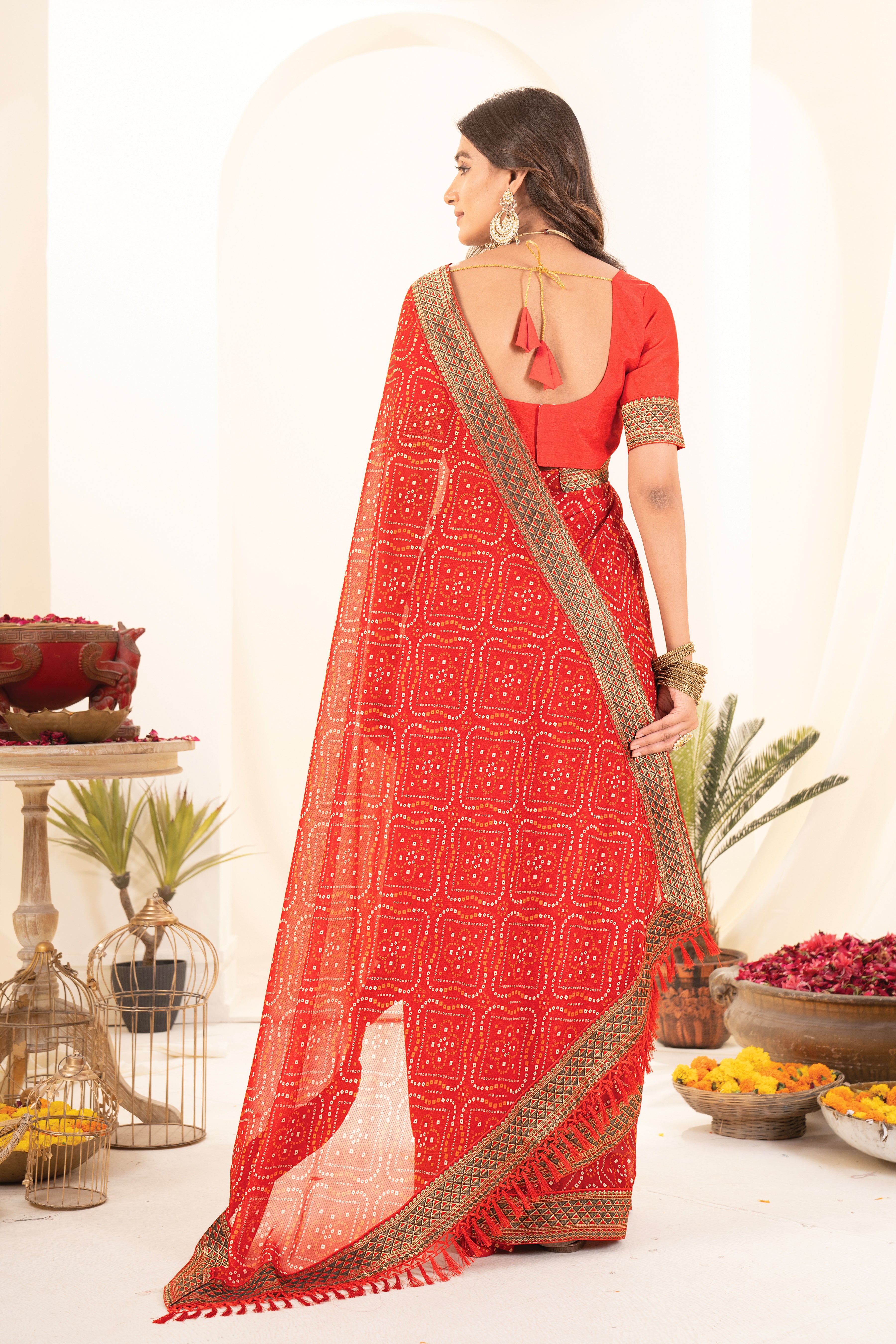 Premium Red Printed Bhandhani Georgette Saree
