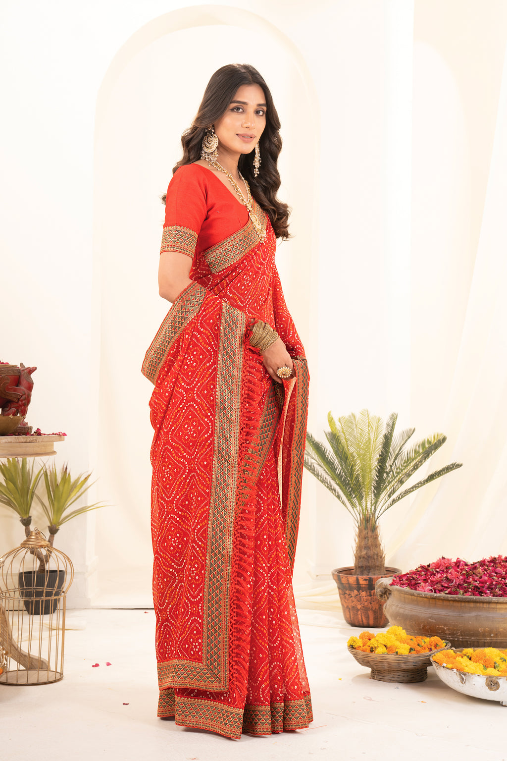 Premium Red Printed Bhandhani Georgette Saree