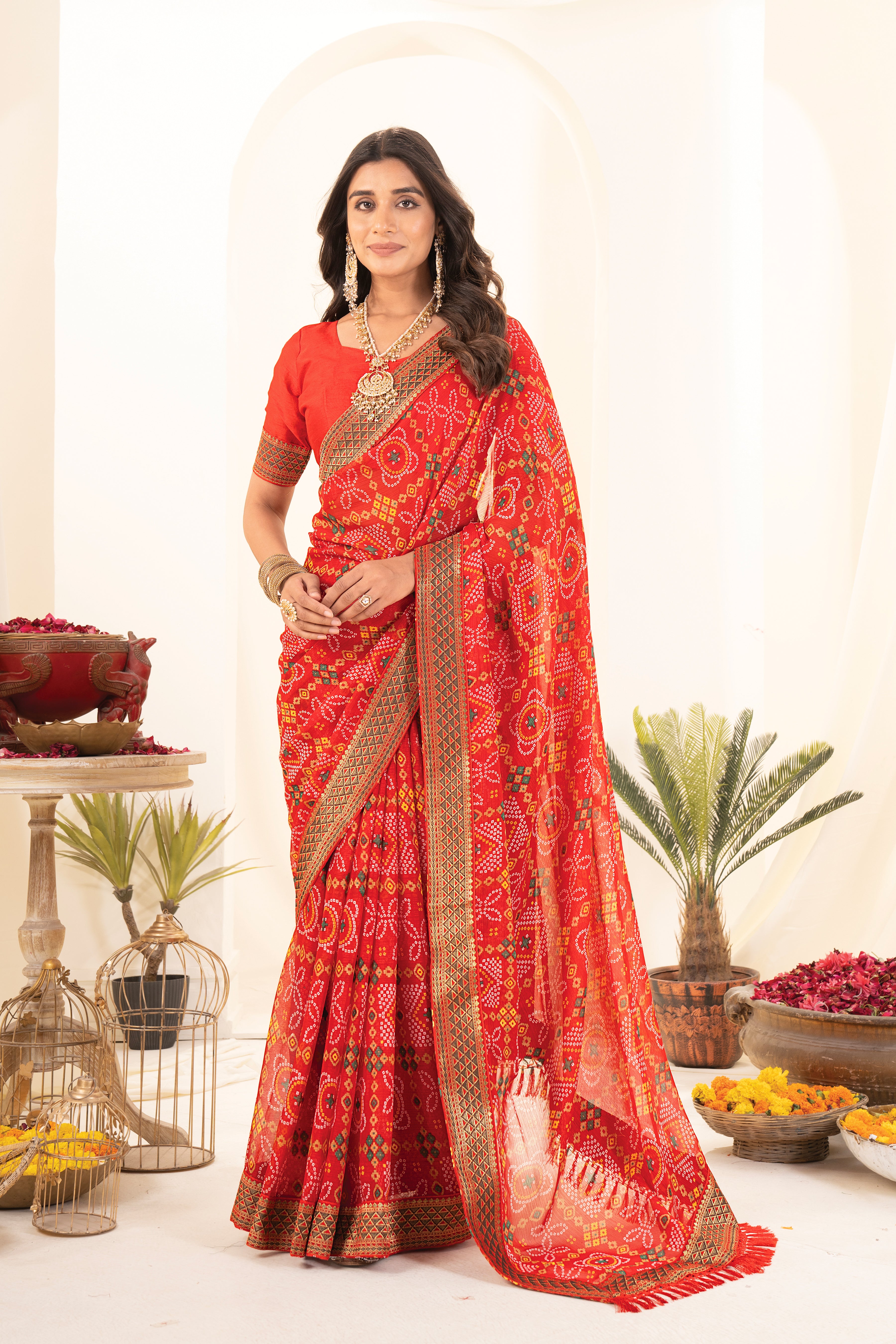 Premium Tomato Red Printed Bhandhani Georgette Saree