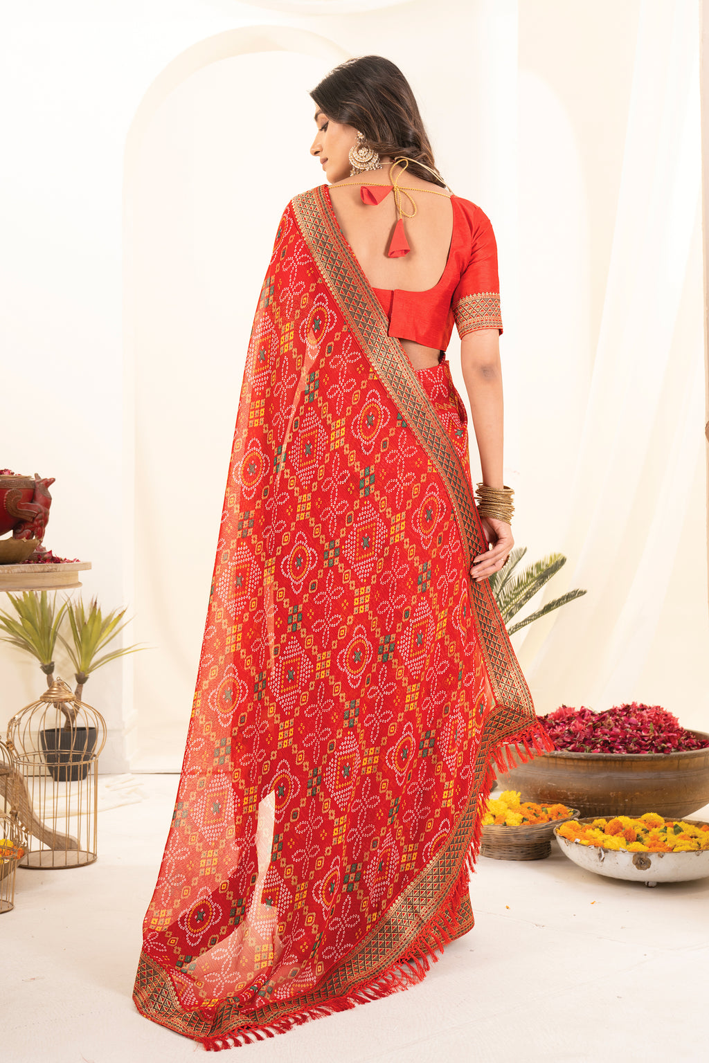 Premium Tomato Red Printed Bhandhani Georgette Saree