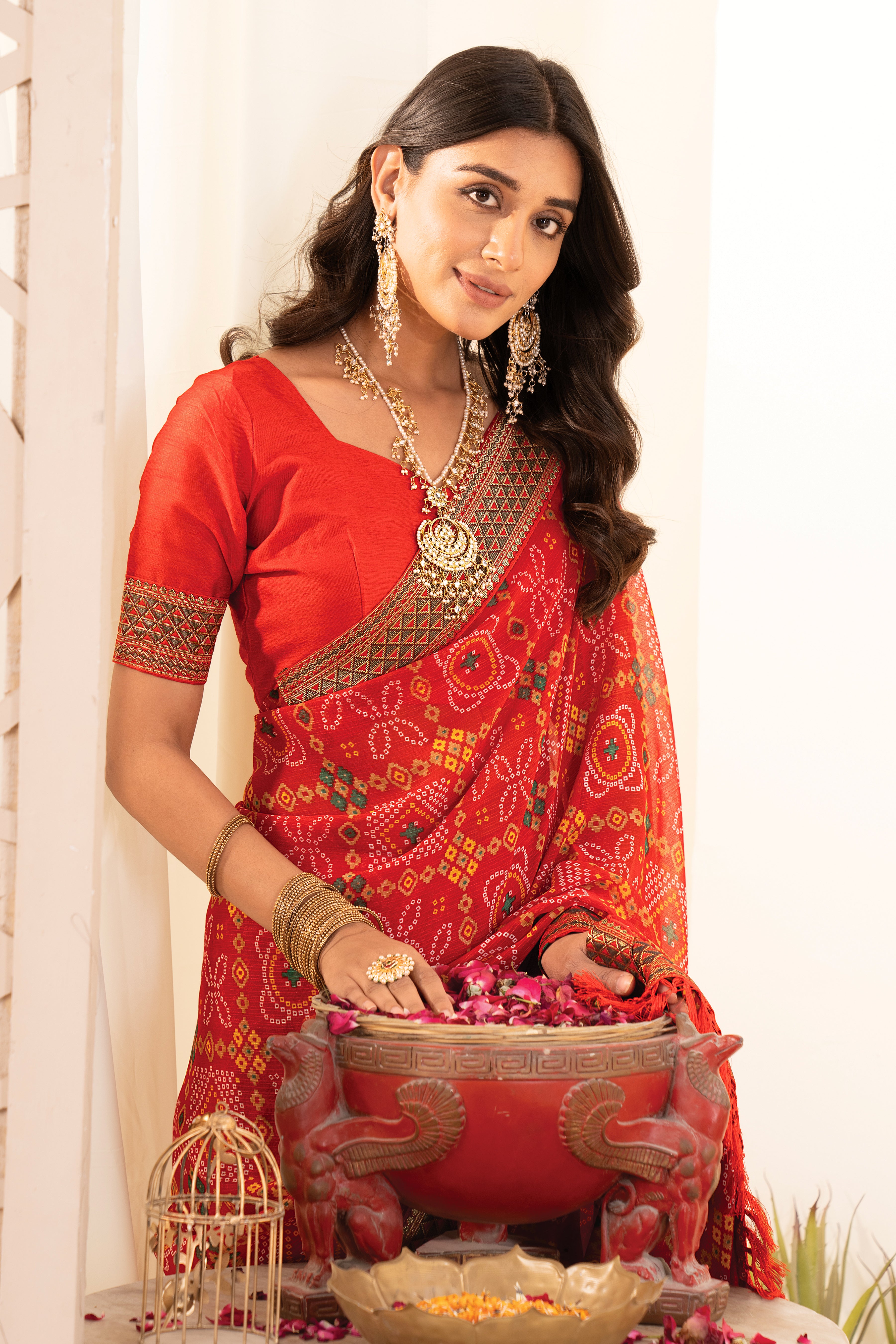 Premium Tomato Red Printed Bhandhani Georgette Saree