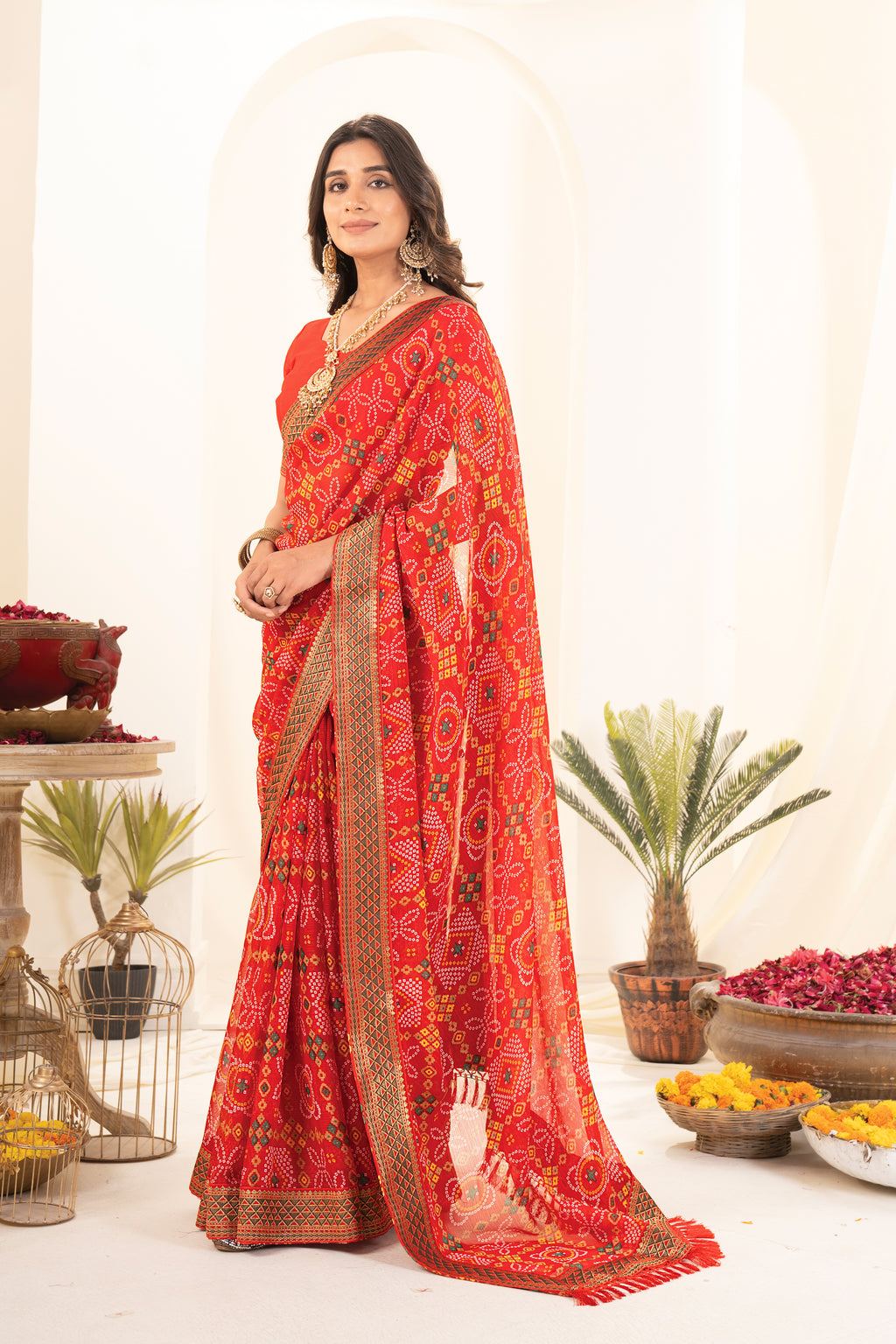 Premium Tomato Red Printed Bhandhani Georgette Saree
