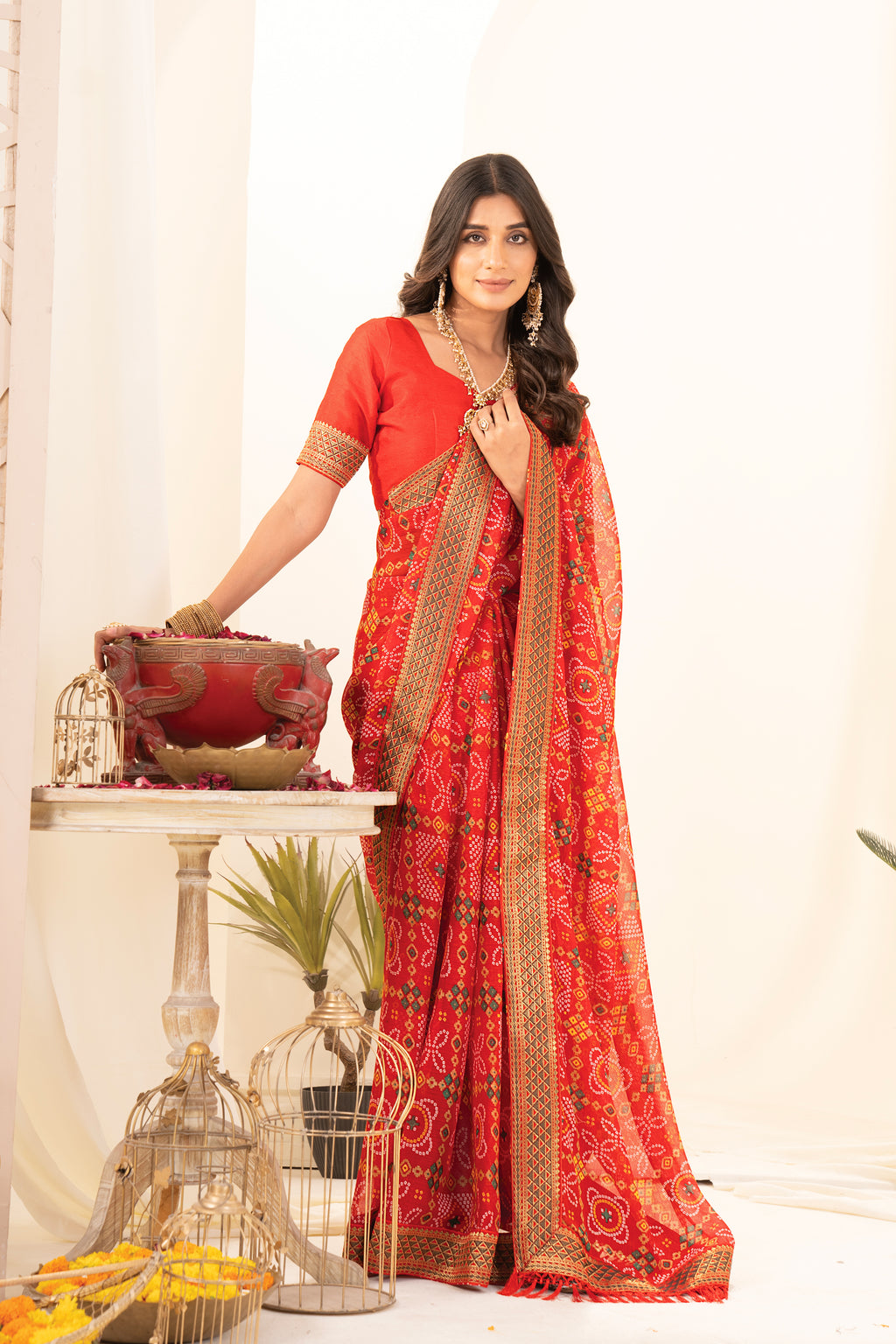 Premium Tomato Red Printed Bhandhani Georgette Saree