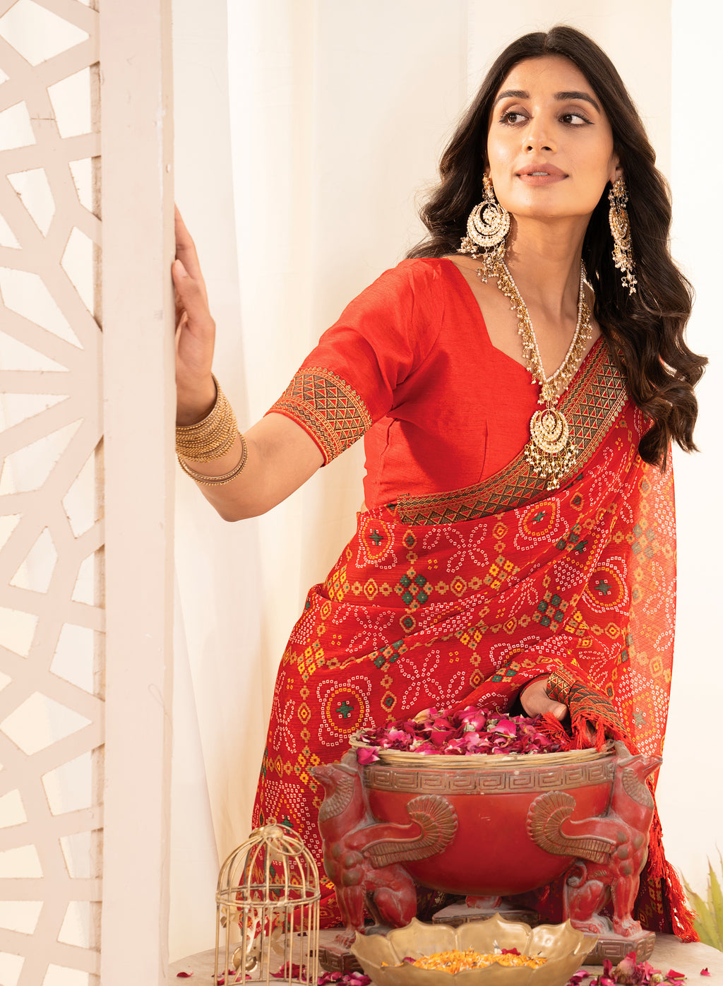 Premium Tomato Red Printed Bhandhani Georgette Saree