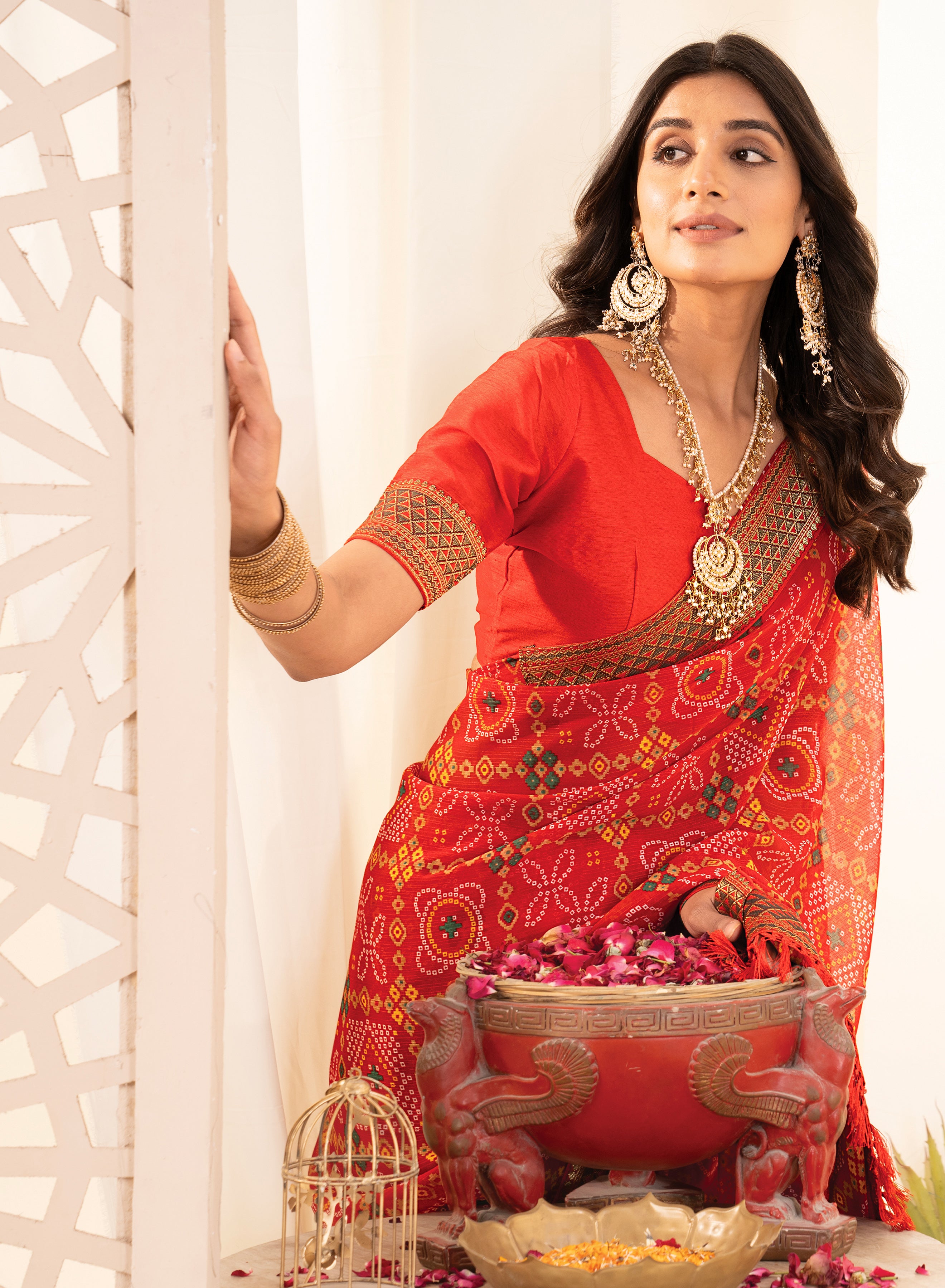 Premium Tomato Red Printed Bhandhani Georgette Saree