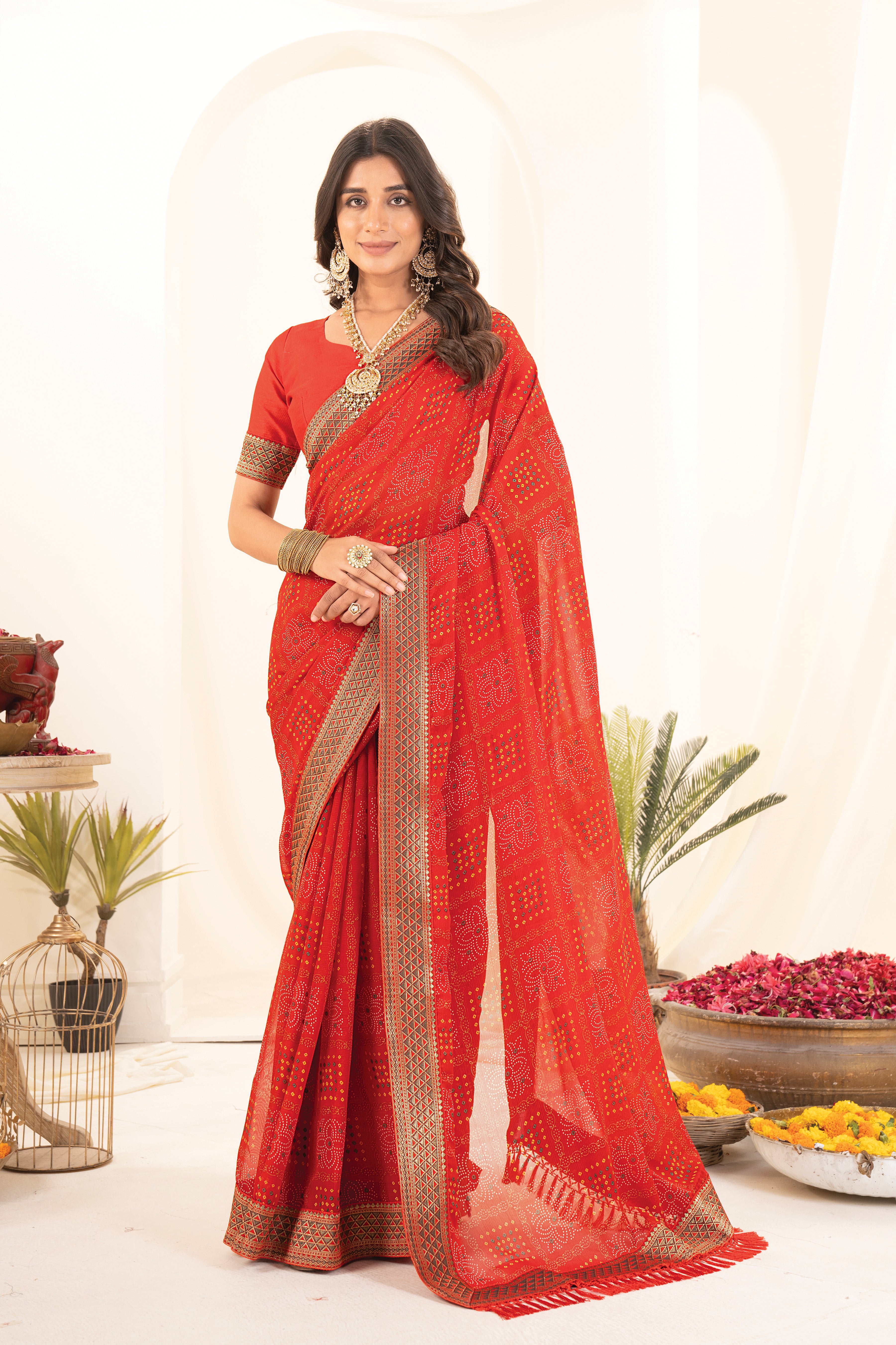 Ghoomar Red Georgette Bhandhani Printed Saree