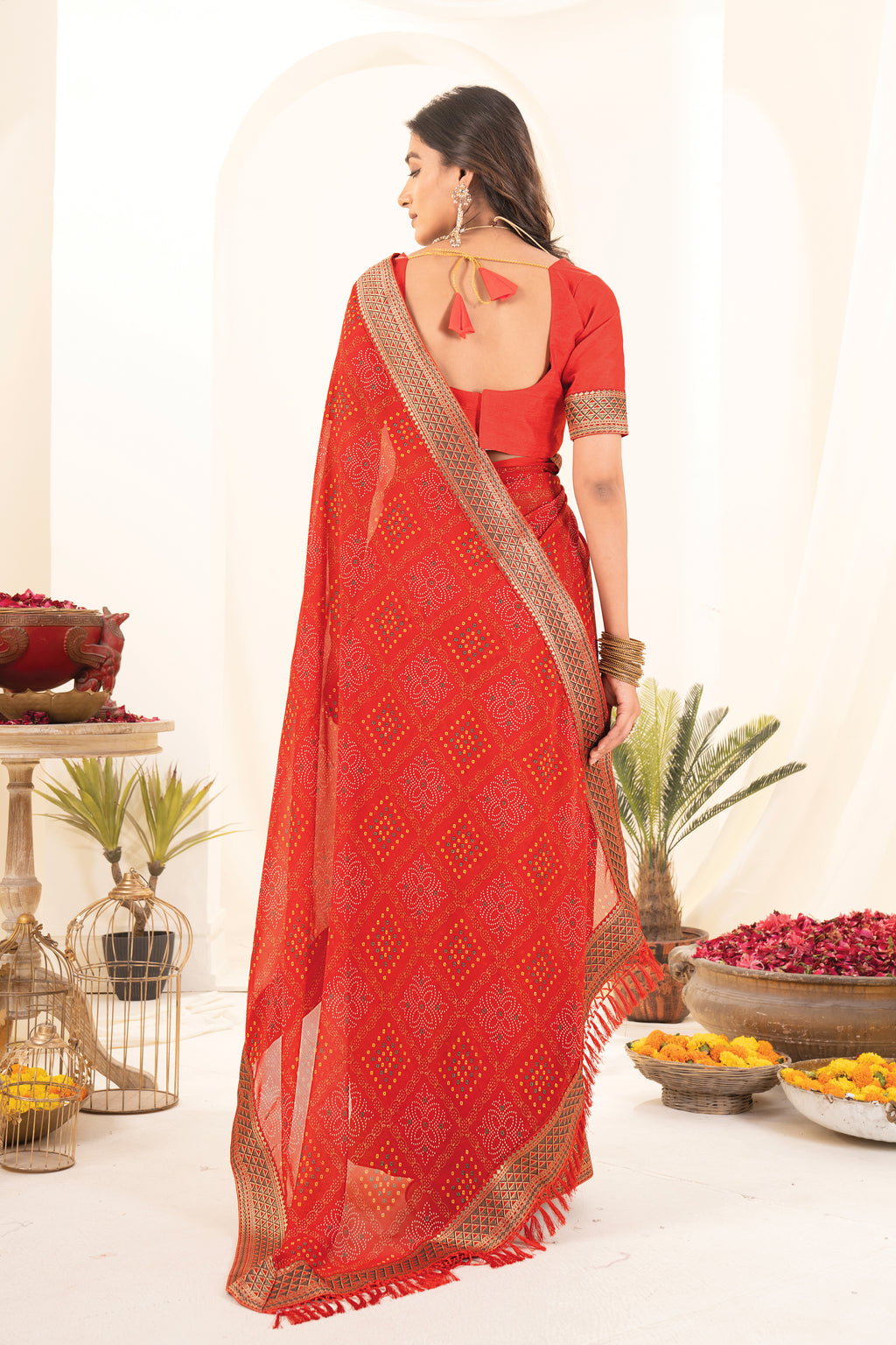 Ghoomar Red Georgette Bhandhani Printed Saree