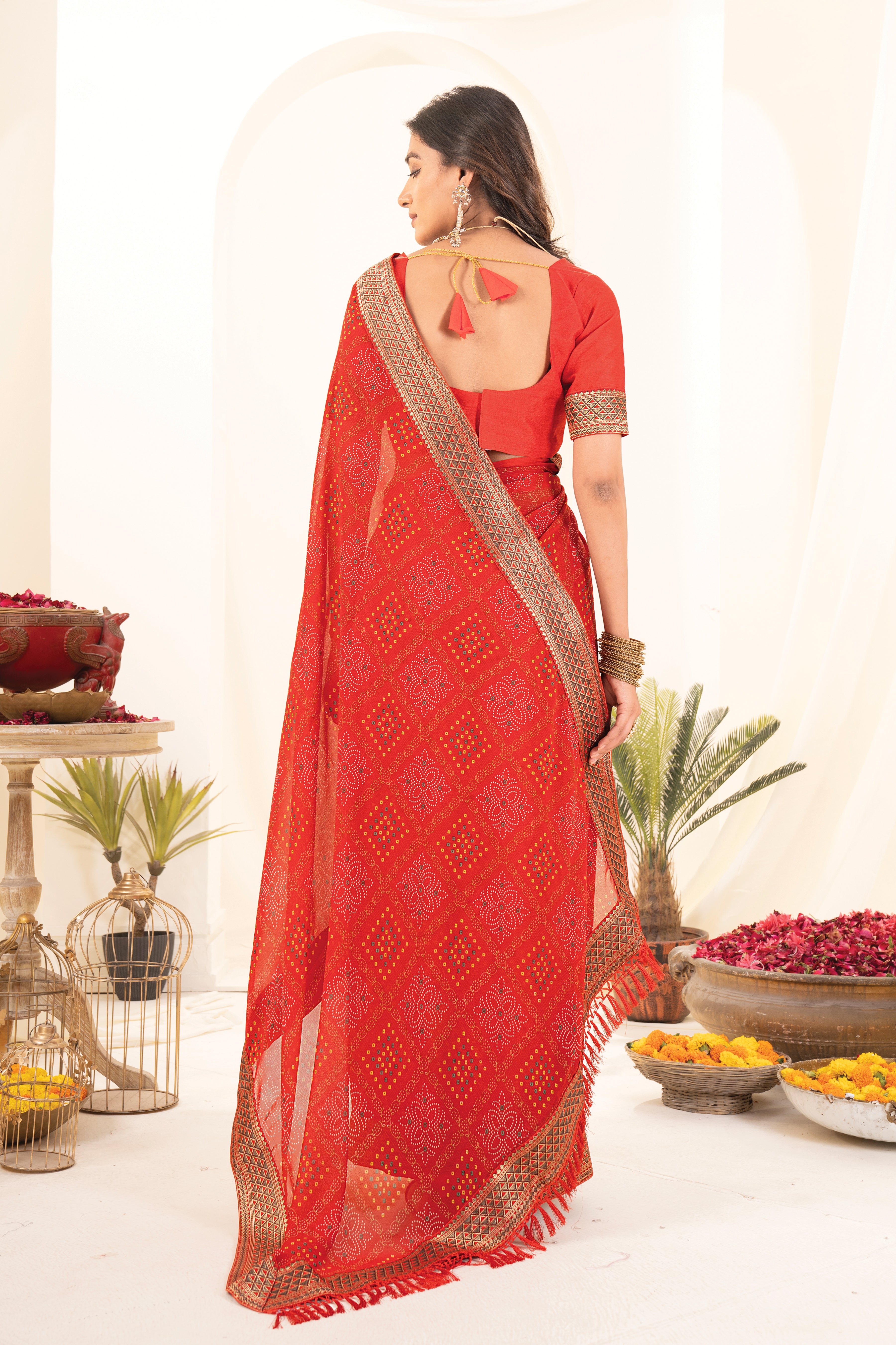 Ghoomar Red Georgette Bhandhani Printed Saree