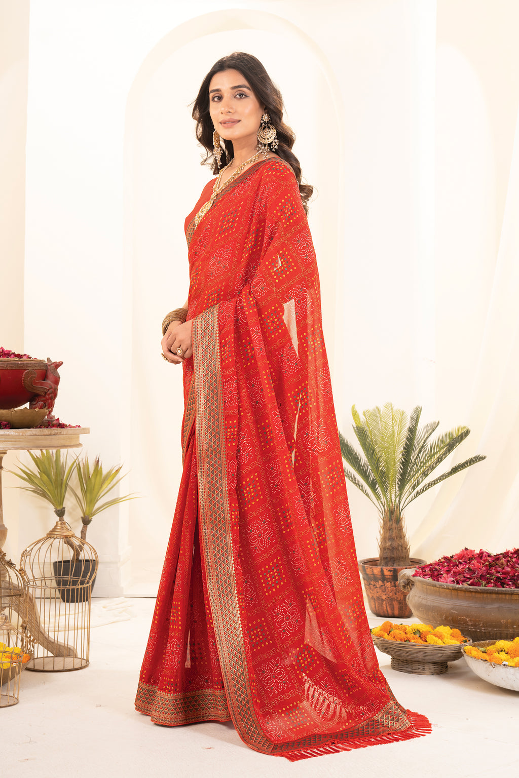 Ghoomar Red Georgette Bhandhani Printed Saree