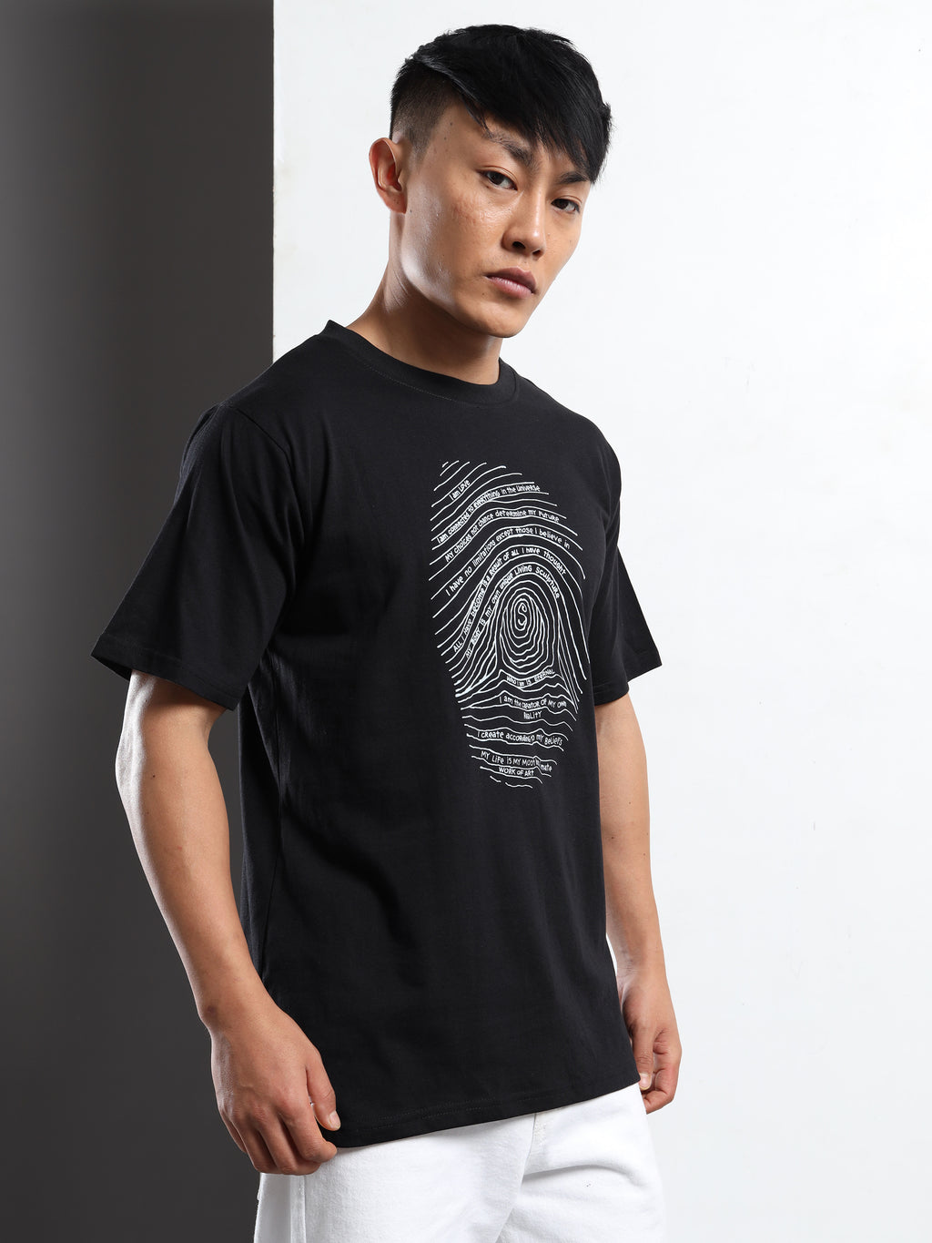Men's Black and White Fingerprint Graphic T-Shirt