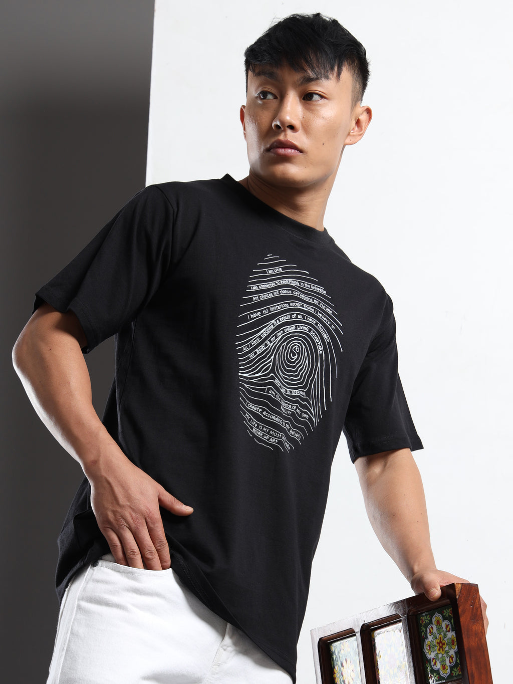 Men's Black and White Fingerprint Graphic T-Shirt
