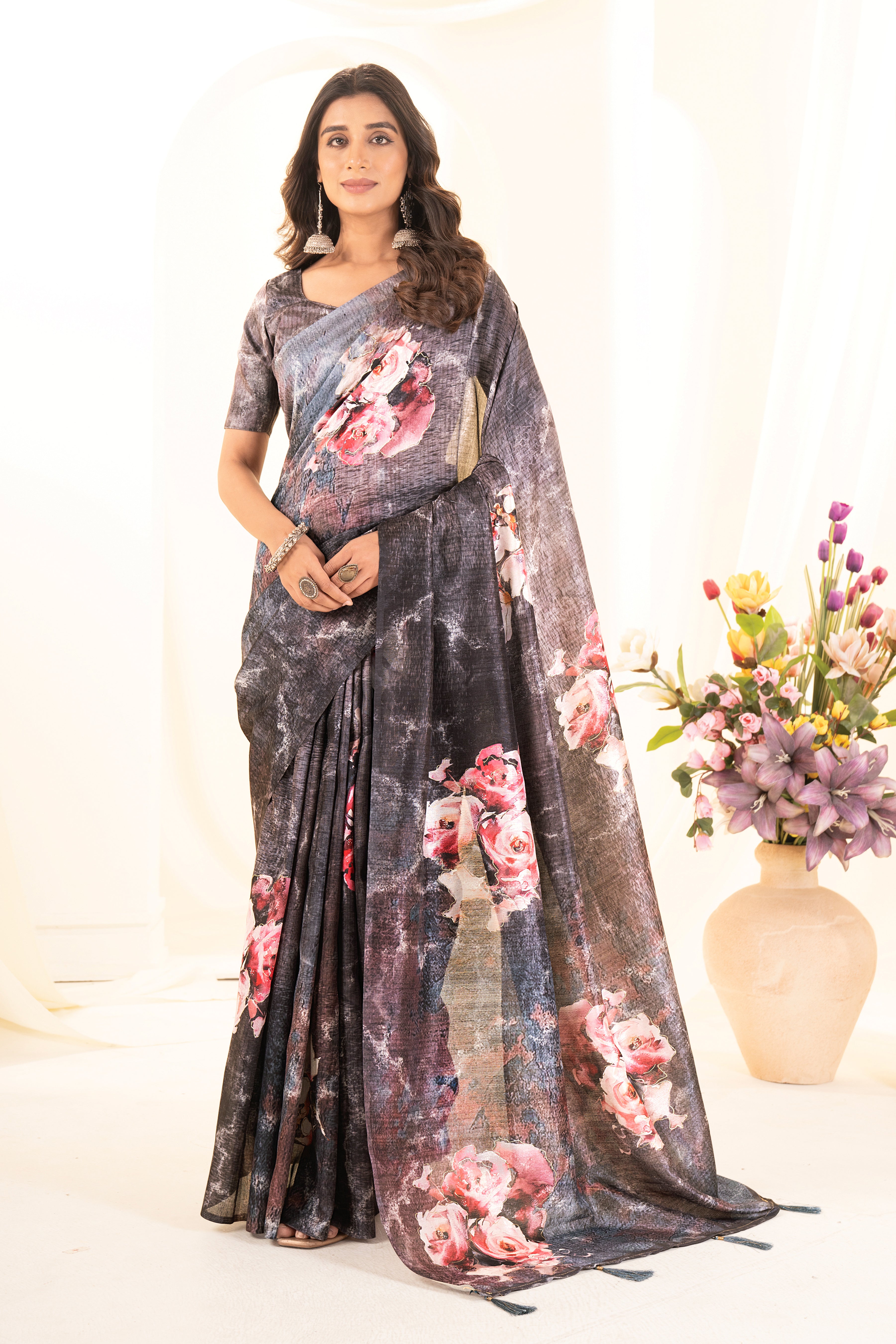 Black Tusser Silk Floral Digital Printed Saree