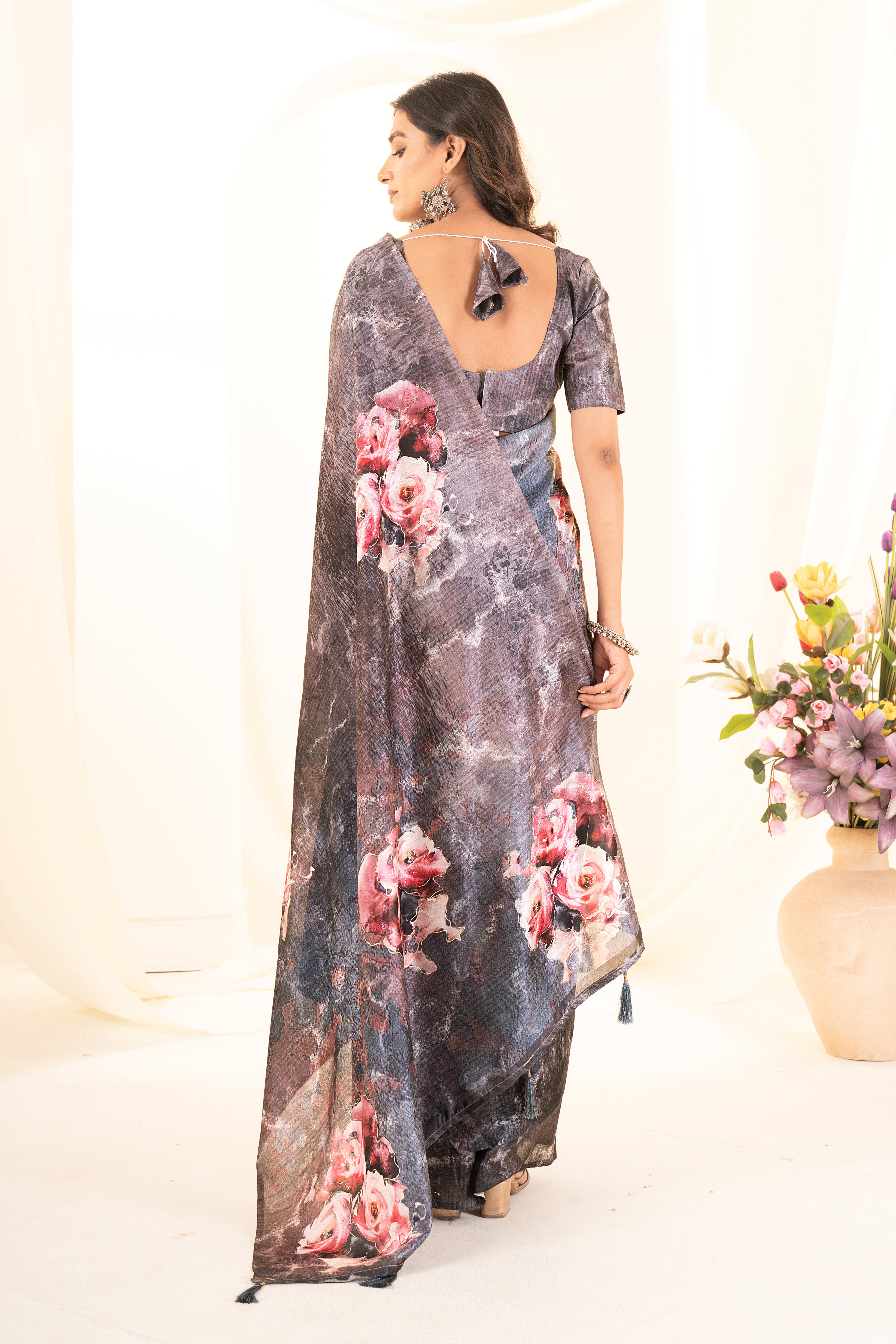 Black Tusser Silk Floral Digital Printed Saree