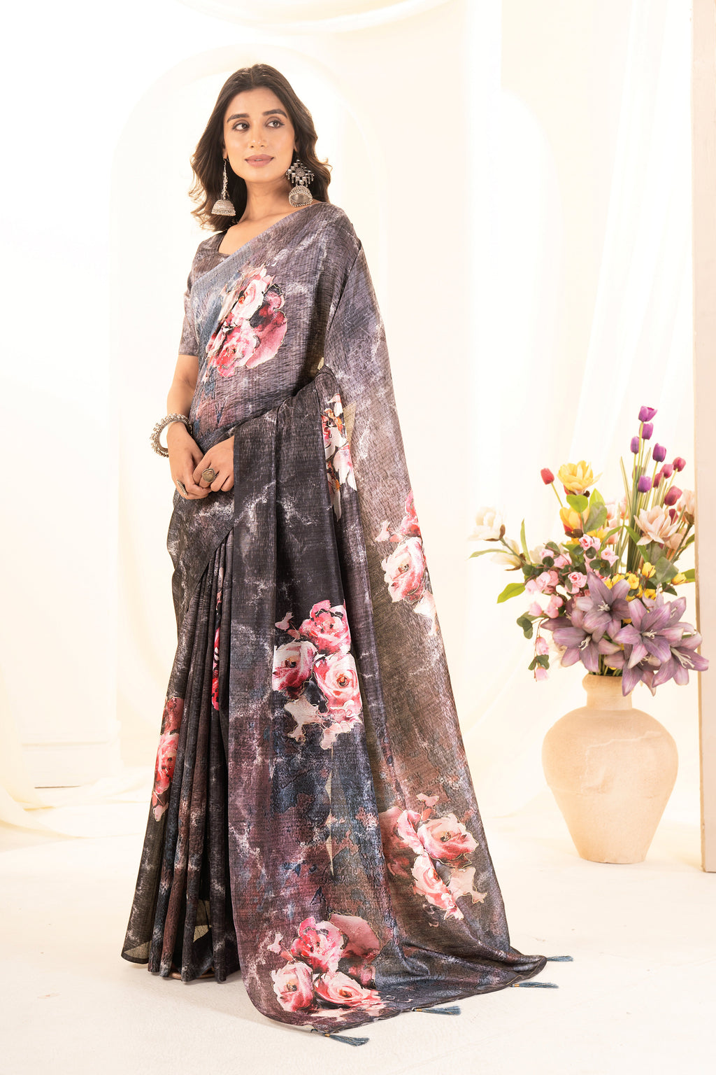 Black Tusser Silk Floral Digital Printed Saree