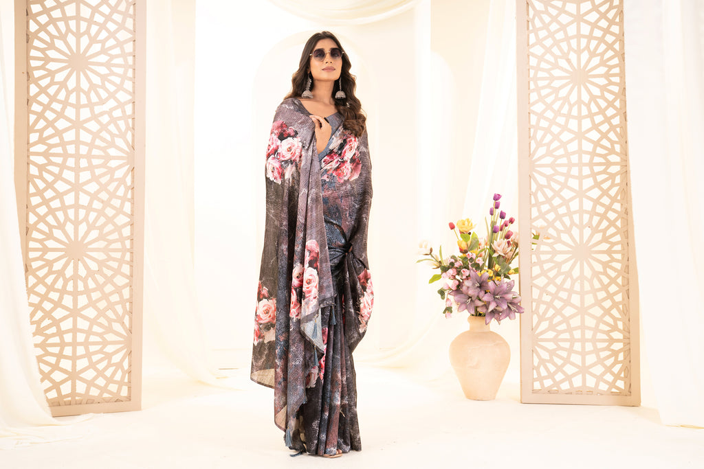 Black Tusser Silk Floral Digital Printed Saree