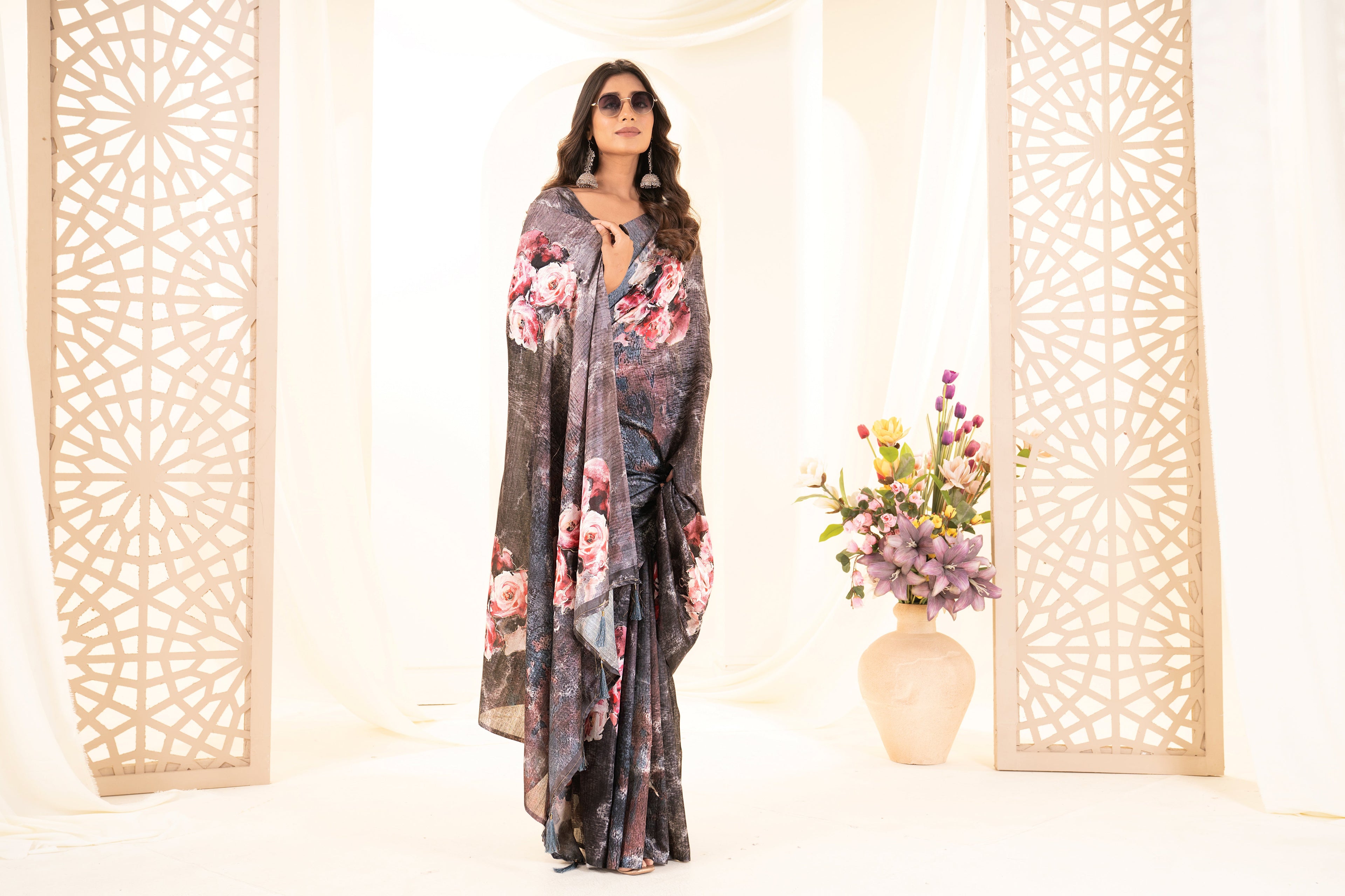 Black Tusser Silk Floral Digital Printed Saree