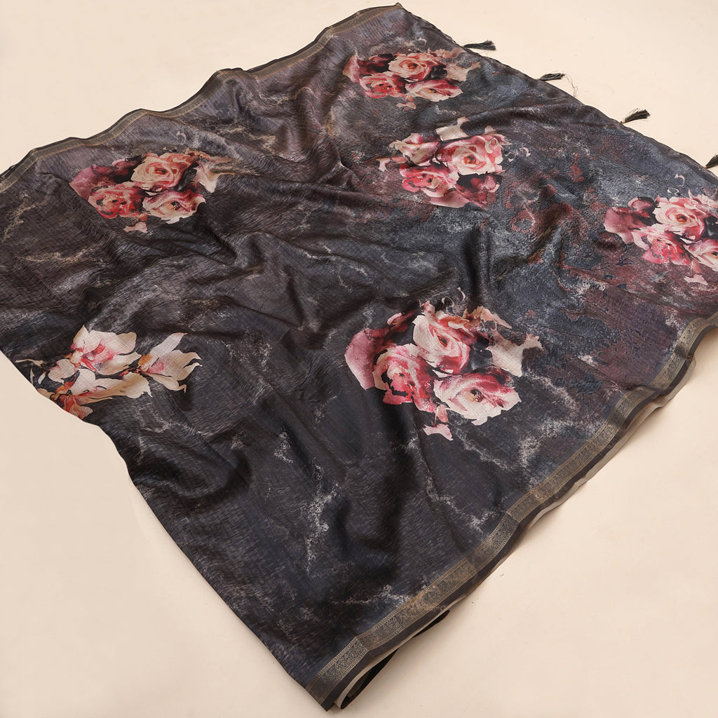 Black Tusser Silk Floral Digital Printed Saree