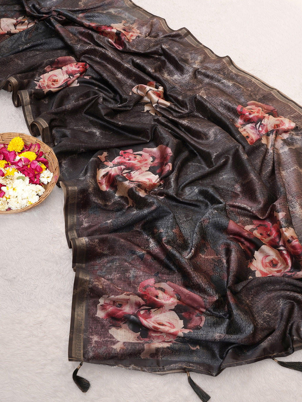 Black Tusser Silk Floral Digital Printed Saree