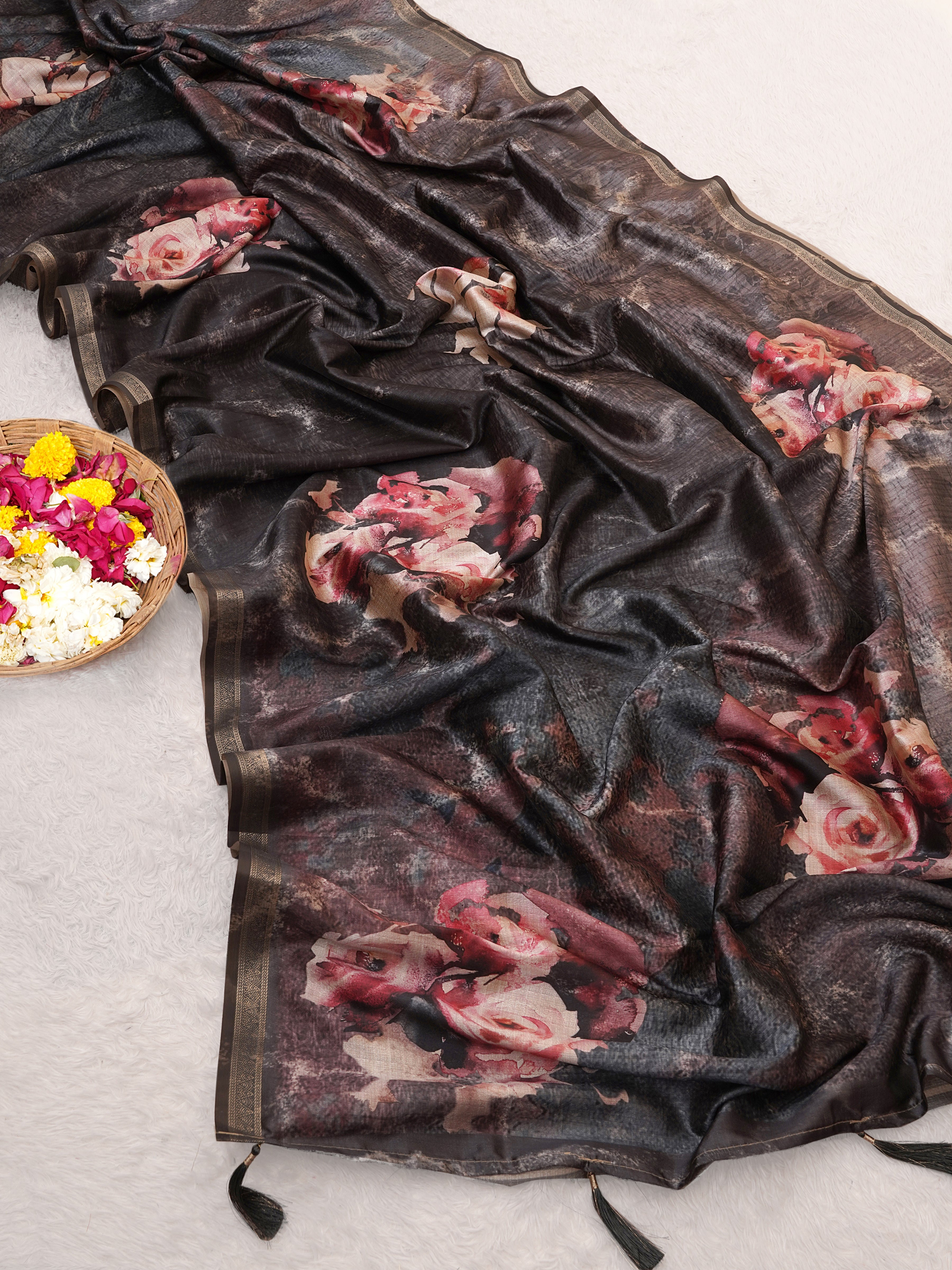Black Tusser Silk Floral Digital Printed Saree