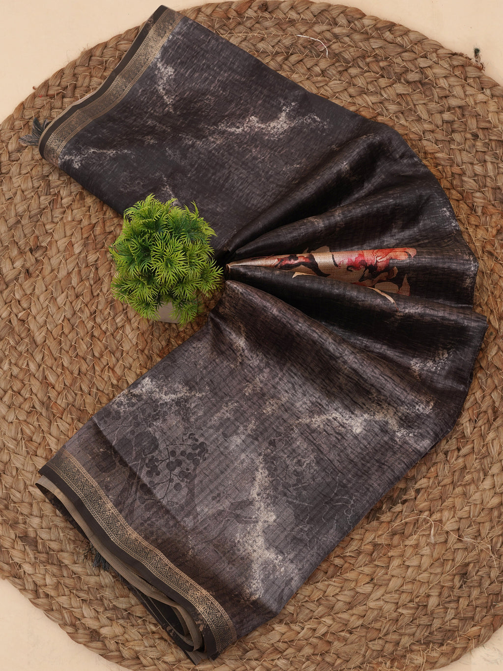 Black Tusser Silk Floral Digital Printed Saree