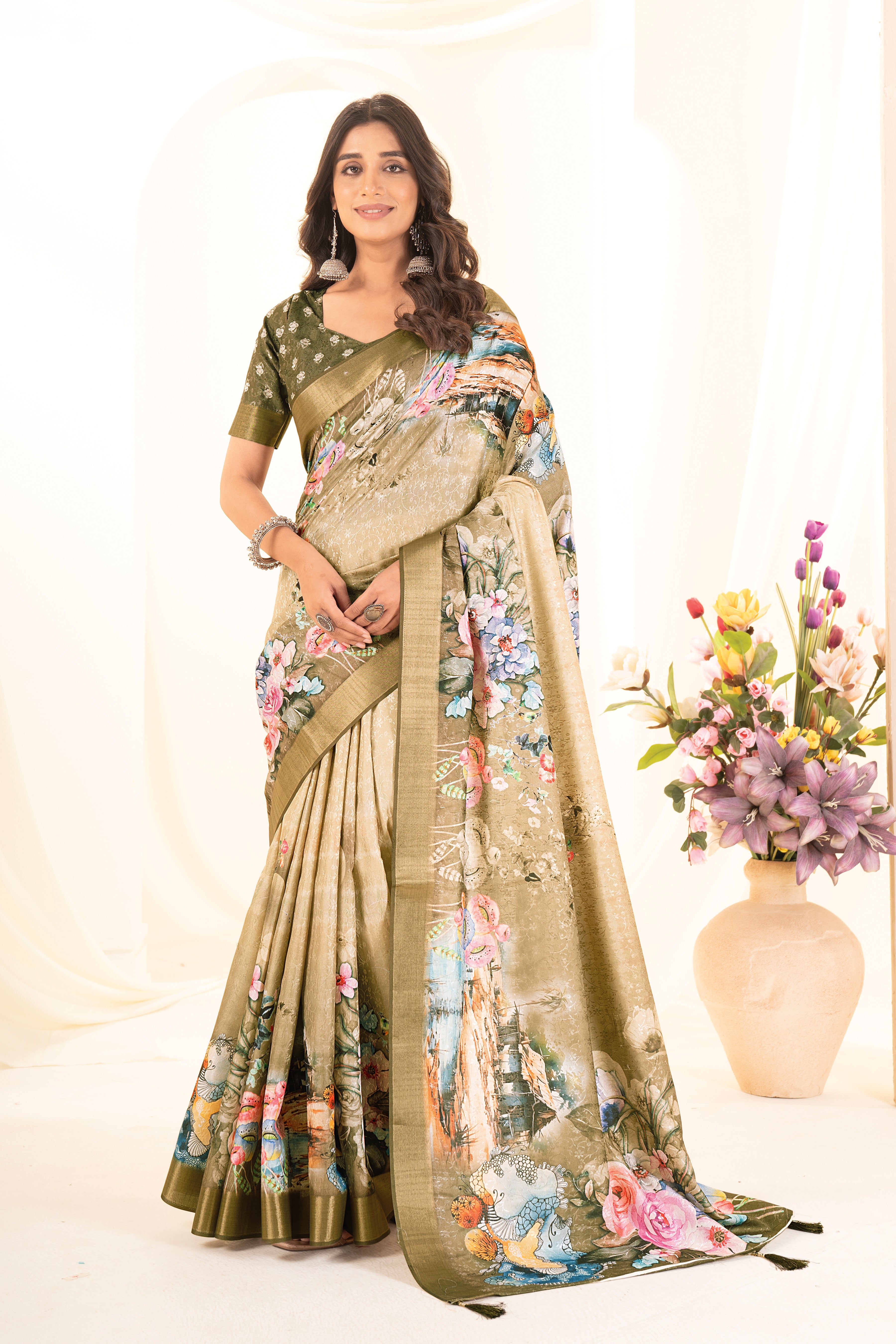 Green Floral Digital Printed Self Jacquard Saree