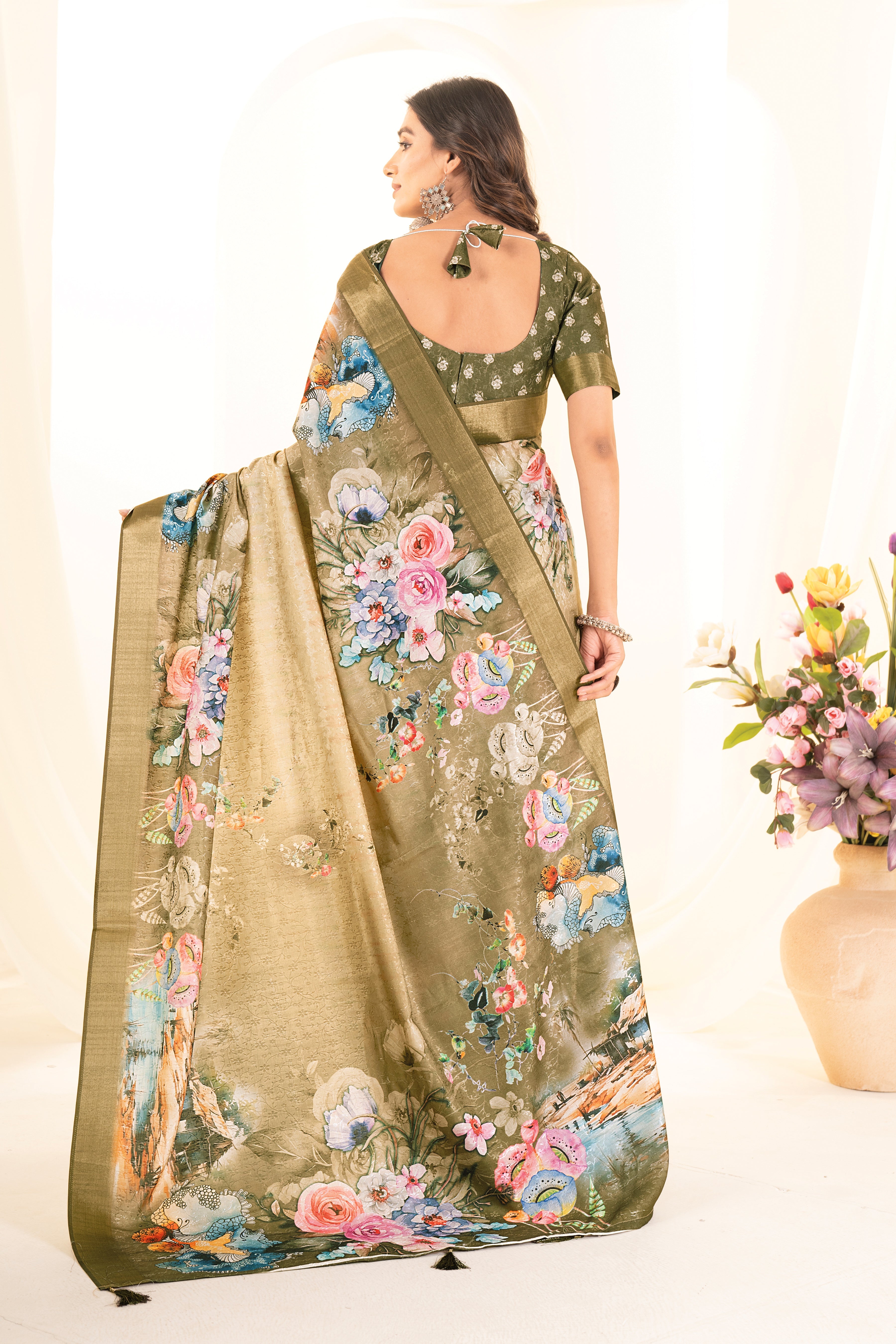 Green Floral Digital Printed Self Jacquard Saree