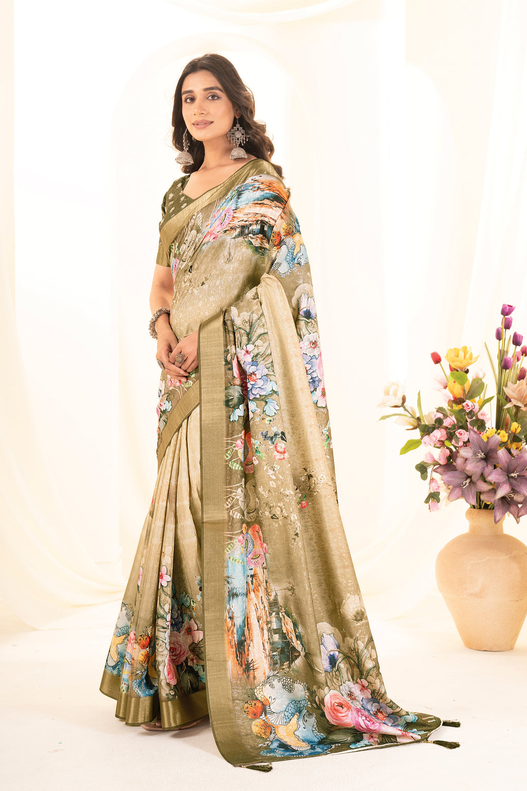Green Floral Digital Printed Self Jacquard Saree